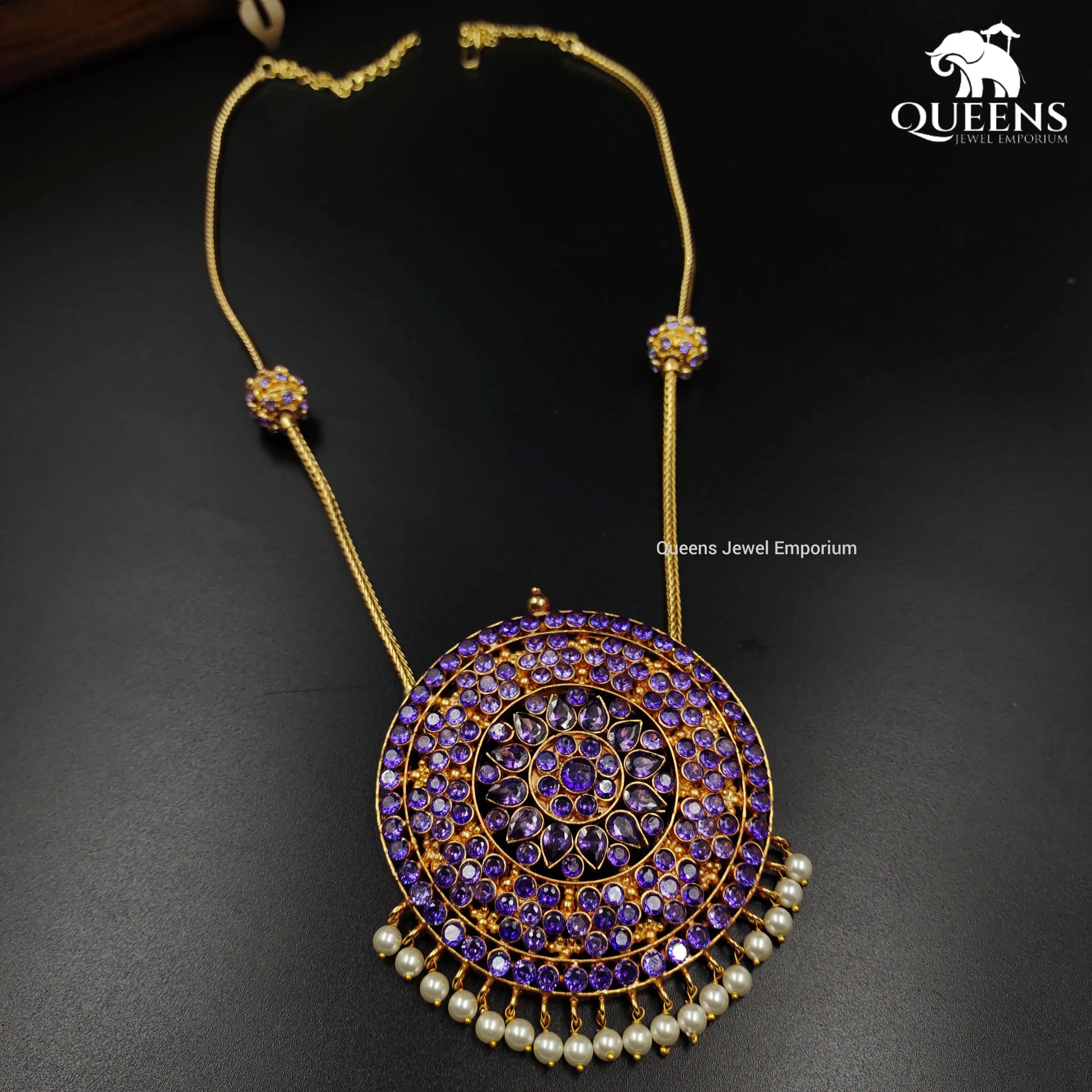 Purple stone grand pendant with chain-Violet stone floral design grand pendant