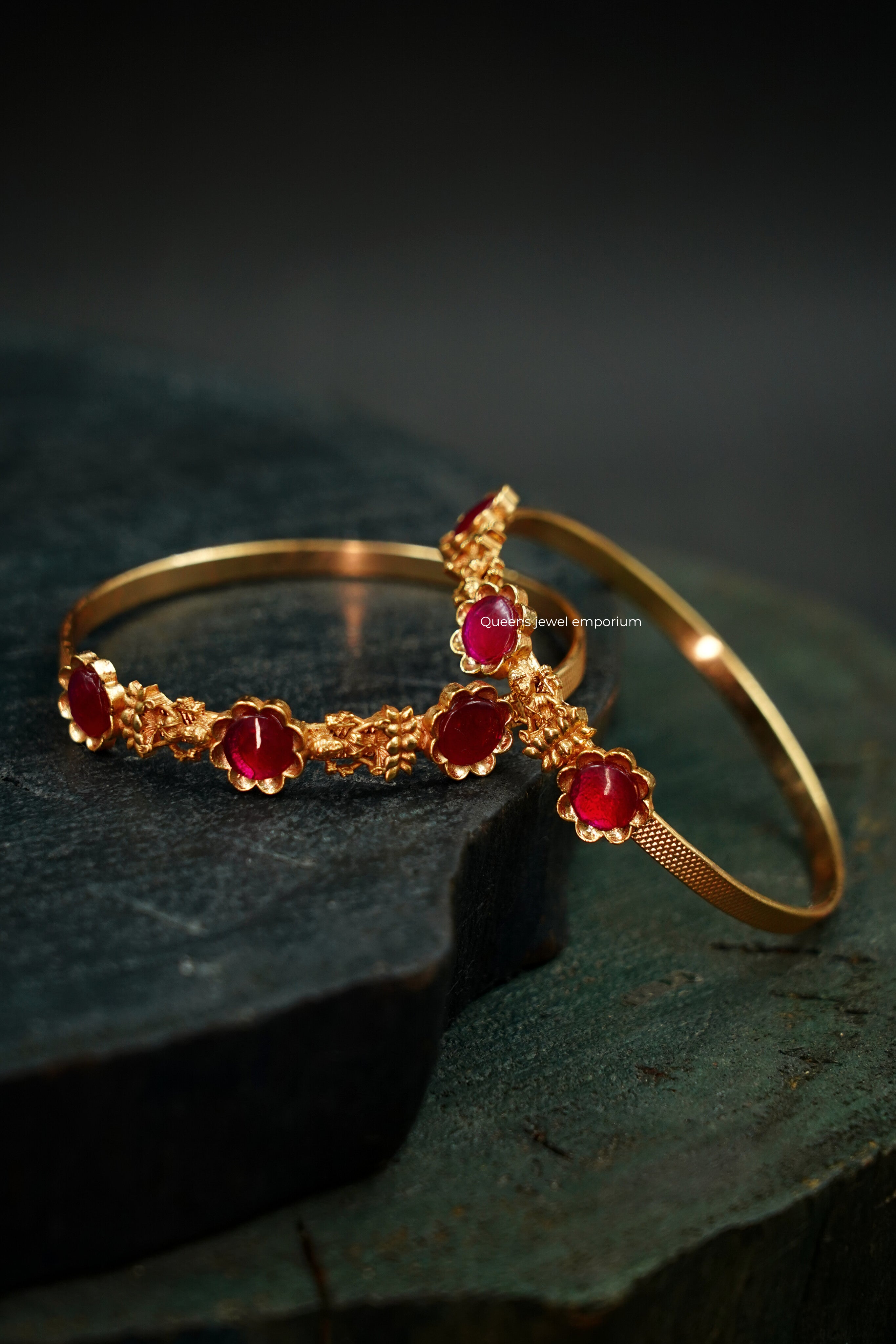 Lakshmi motif red stone bangles-Traditional red stone bangles