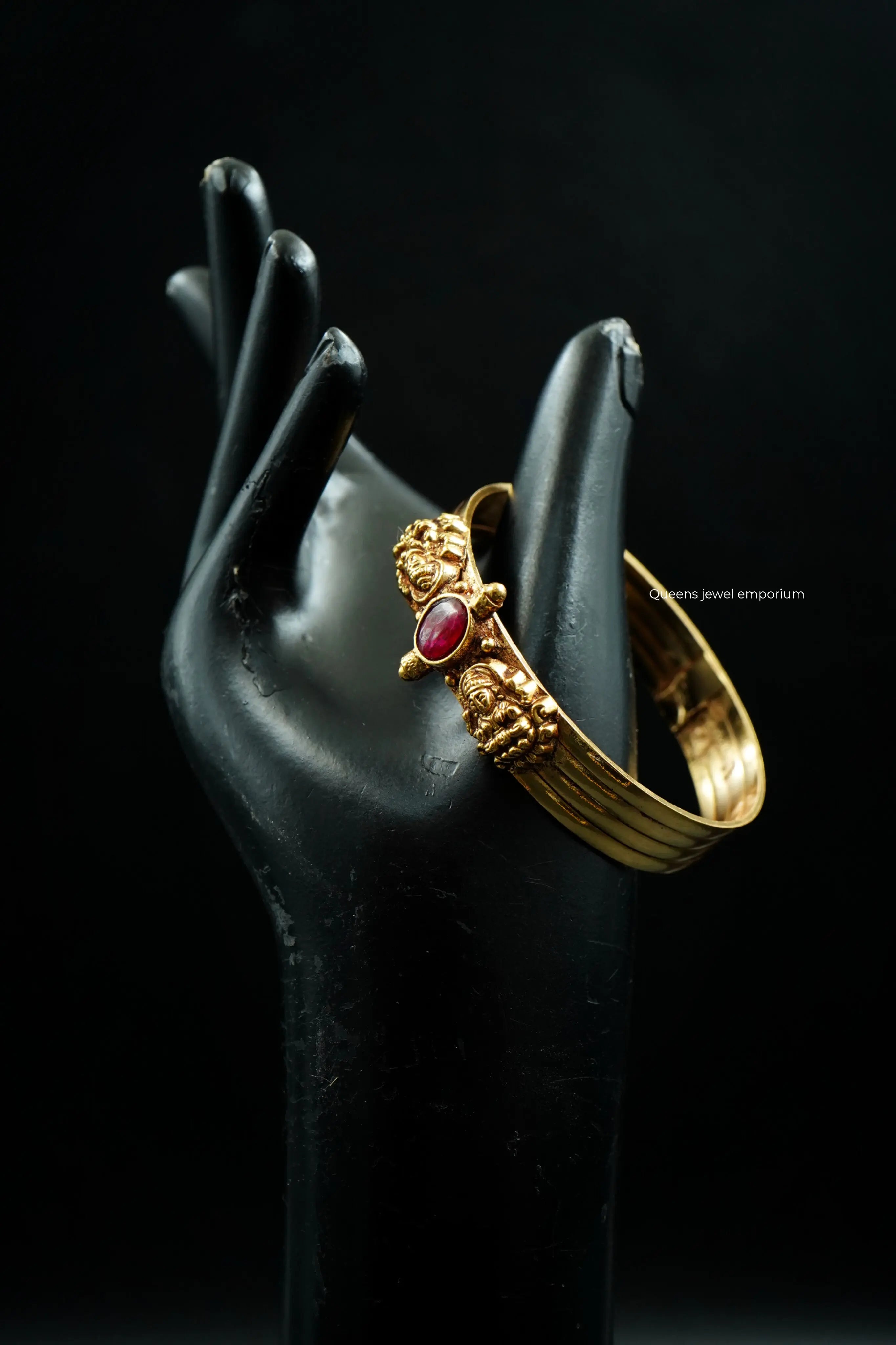 Traditional lakshmi kada with red stone-Lakshmi motif kada for reception