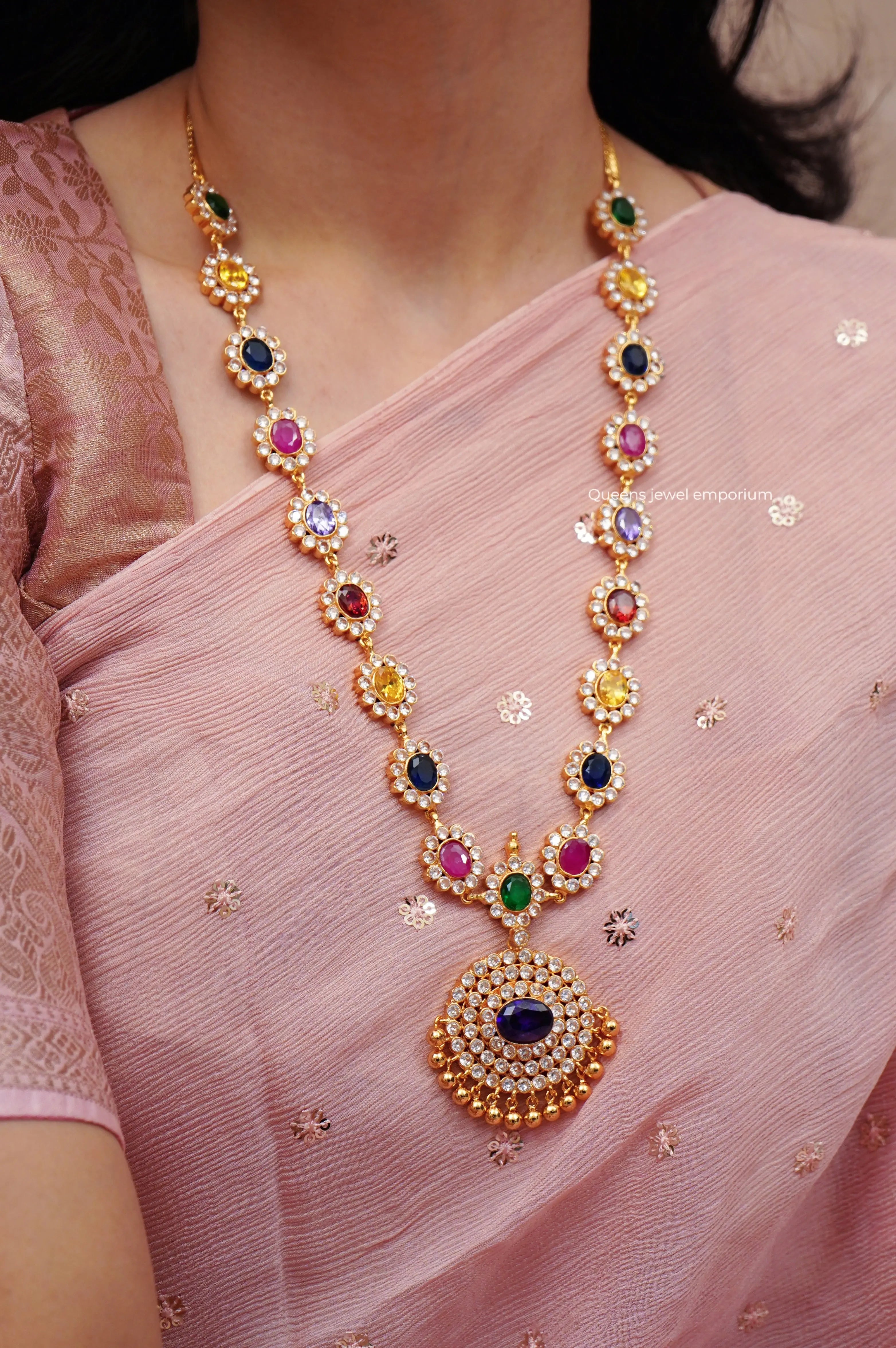 Elegant multicolor saree haram-Oval gemstone haram