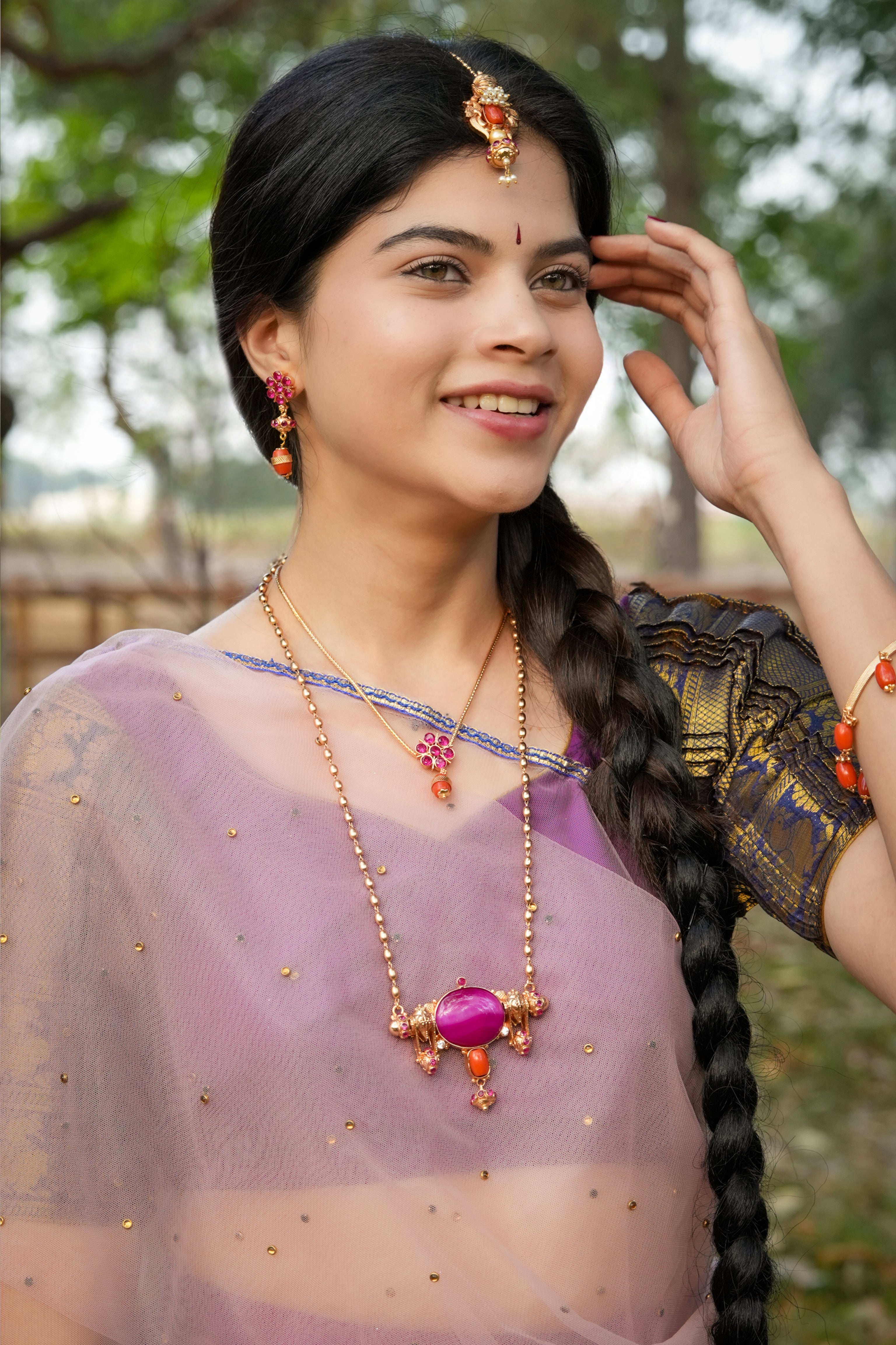 Pink oval stone pendant-Mangalyam motif pendant