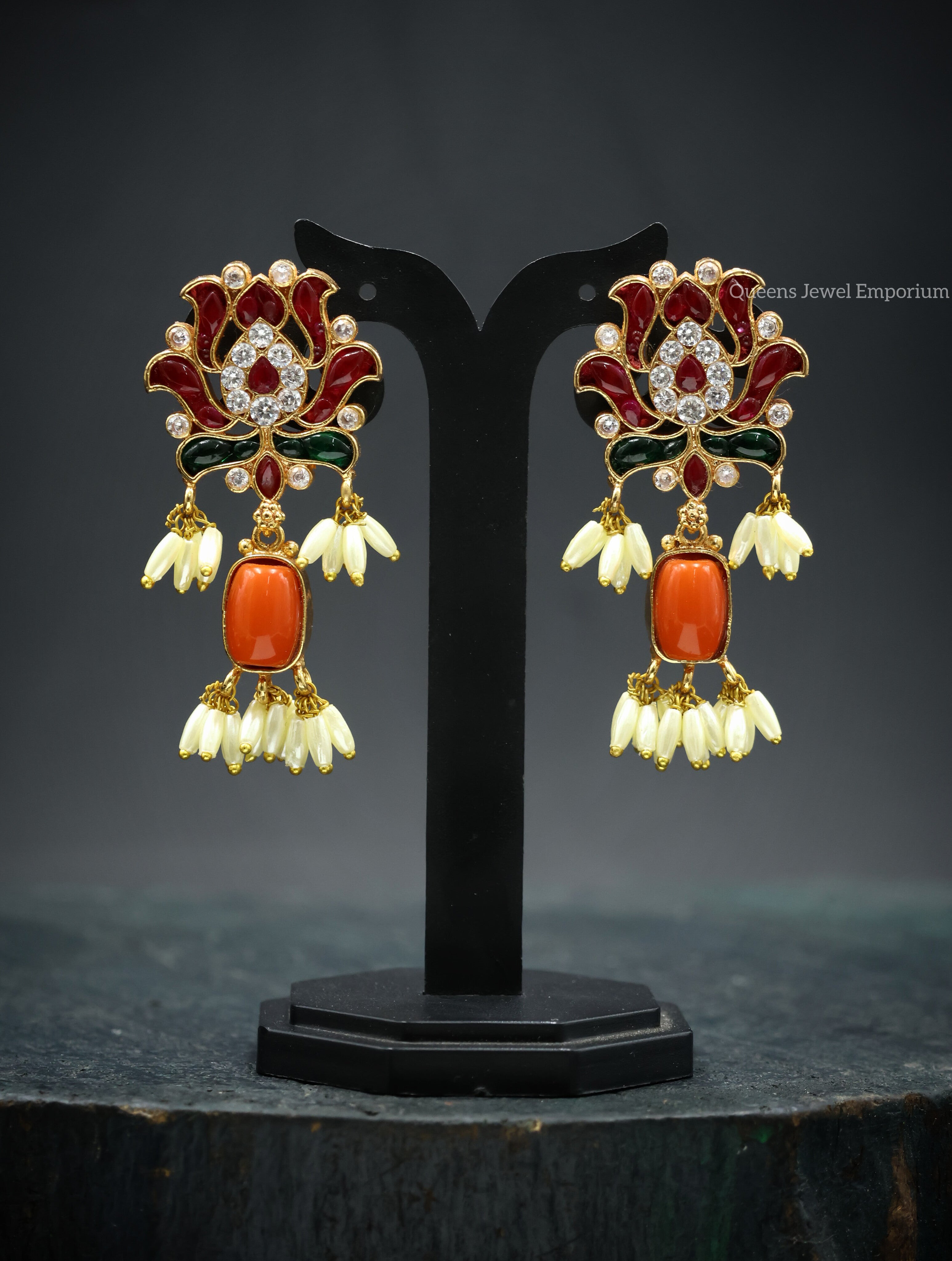 Red green stone jewellery-Coral pearl hanging earrings