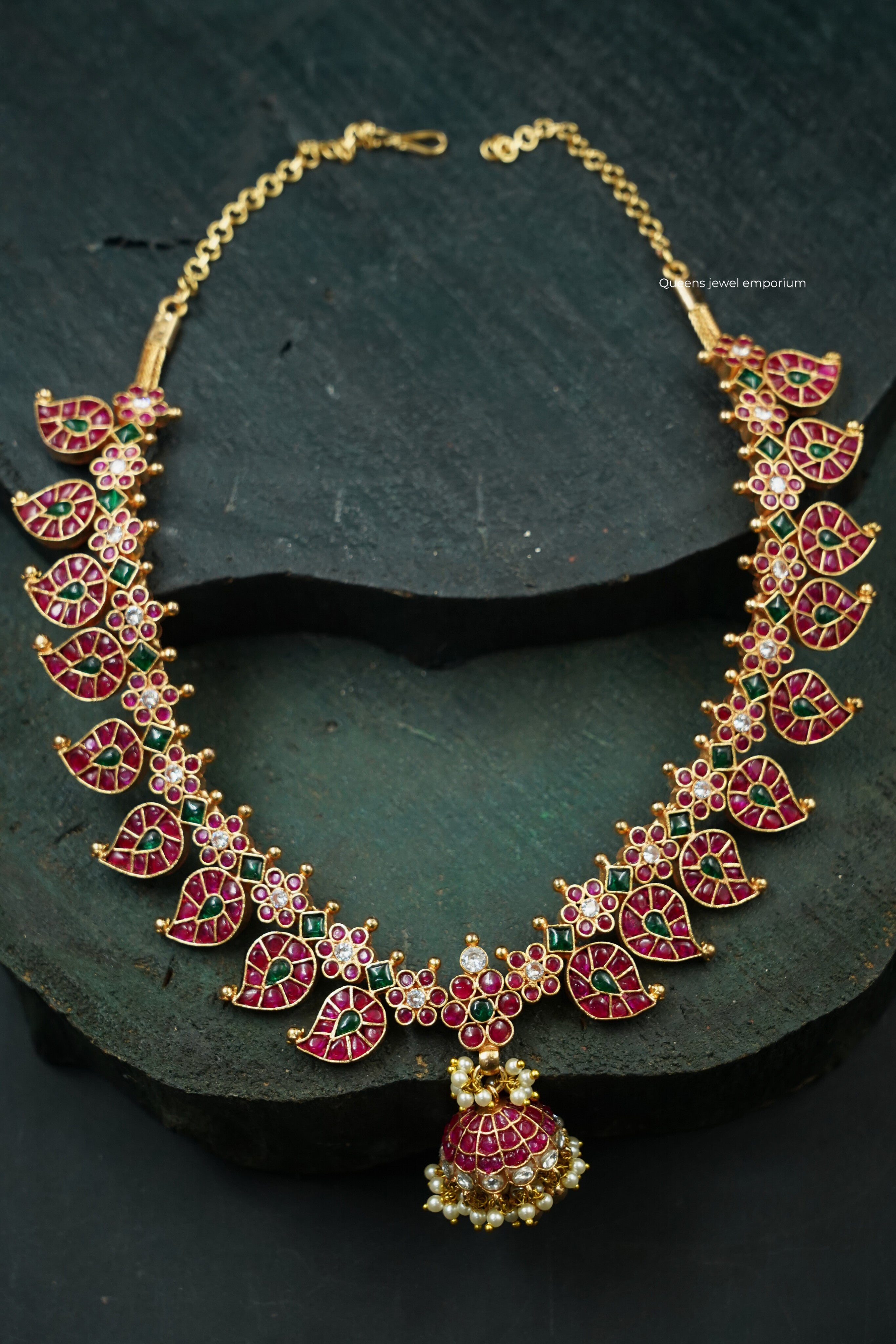 Red green kemp mango motifs-Jhumka pendant red stone necklace