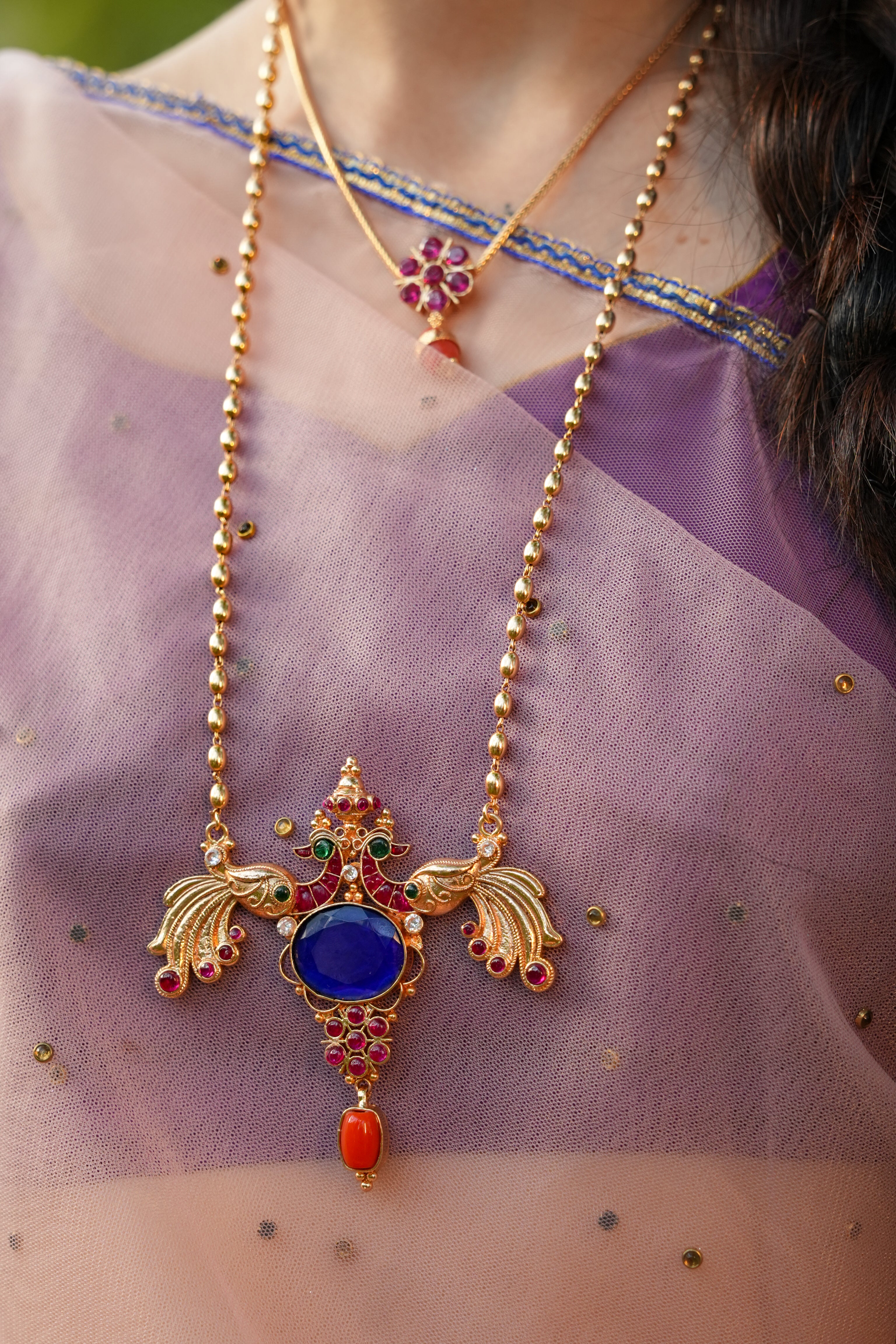 Twin peacock pendant-Balls chain haram