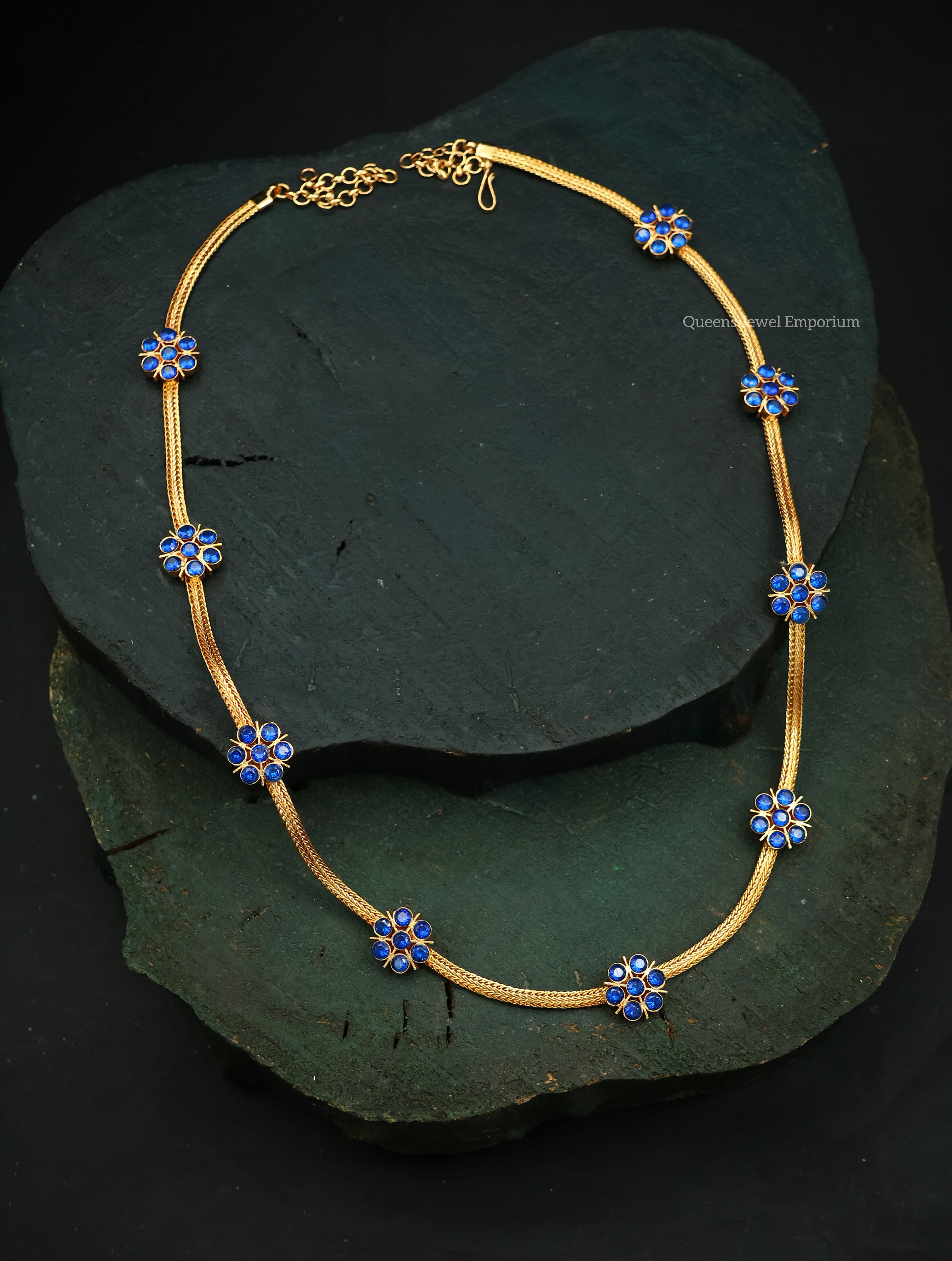 Minimal gold plated blue stone haram-Gold plated floral design haram