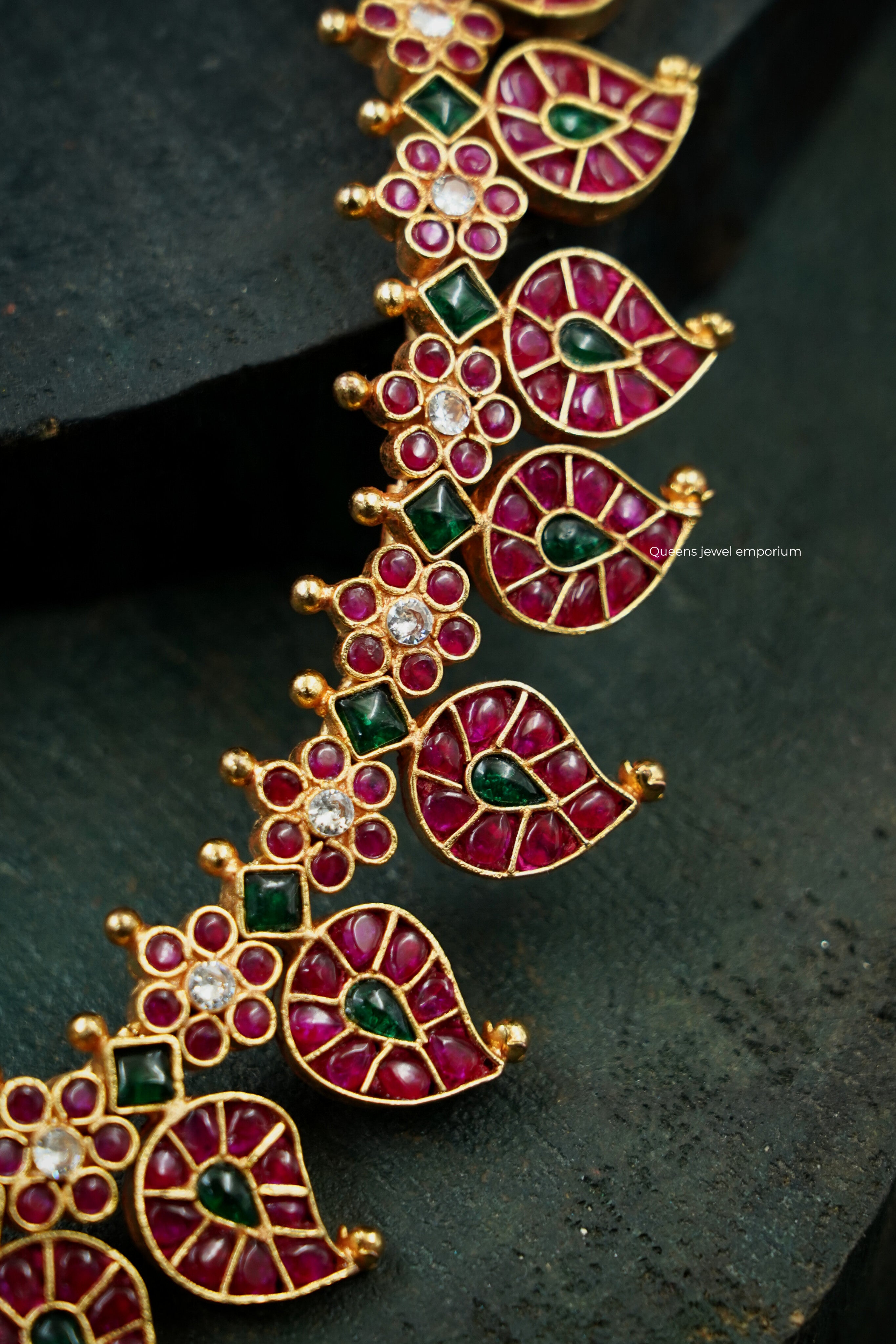 Classic pattu saree jewellery-Kemp stone mango necklace with jhumka designed pendant