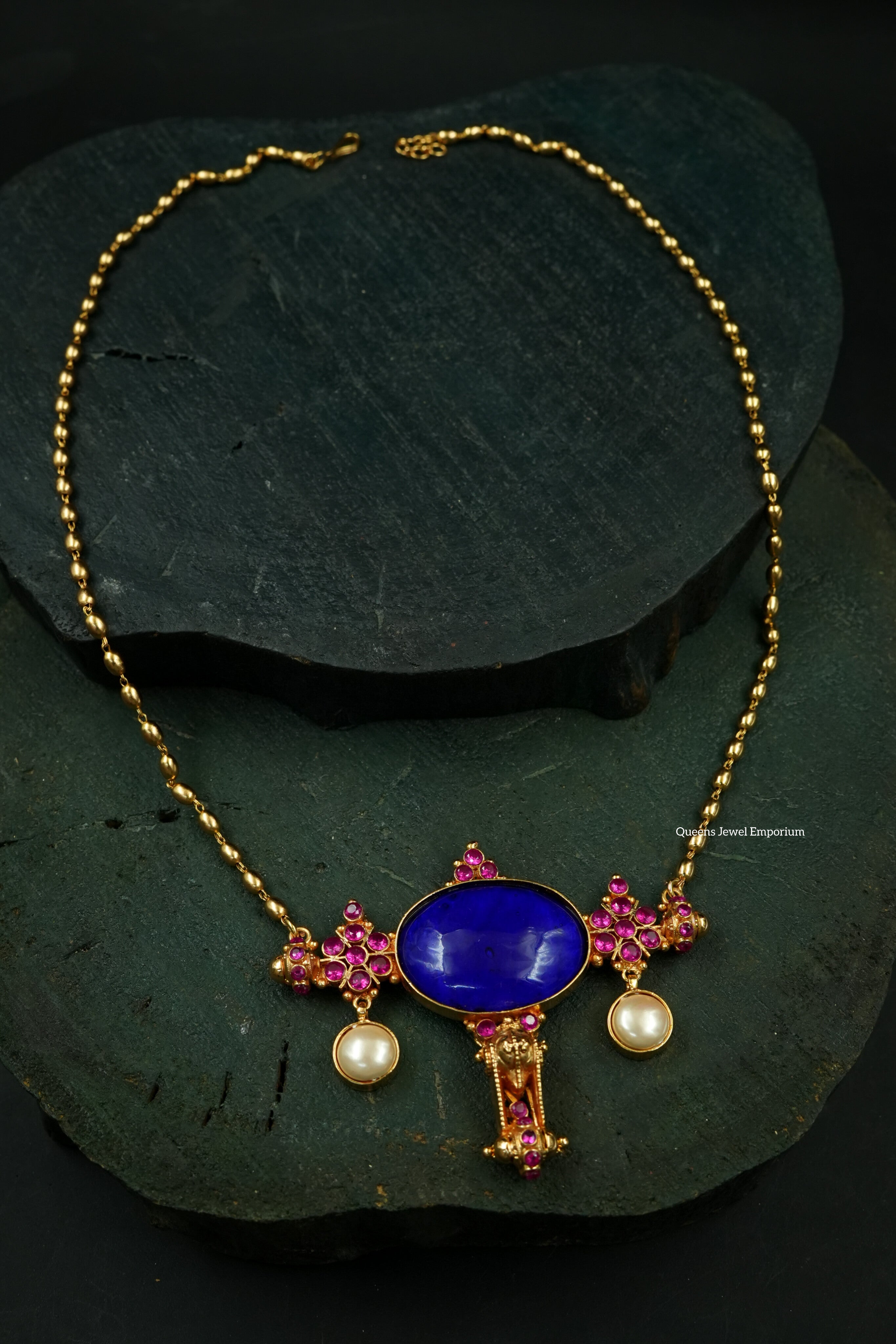 Blue Onyx stone-Pendant with gold ball chain