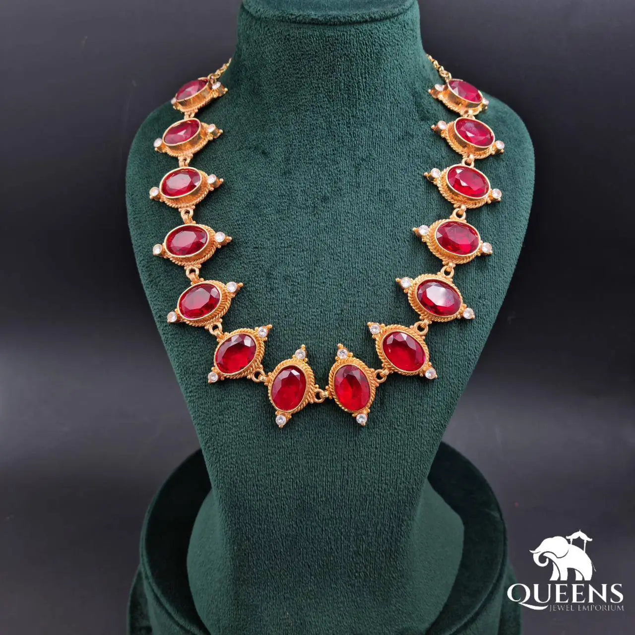 Gold plated zircon stone haram-Red oval stones mid length haram