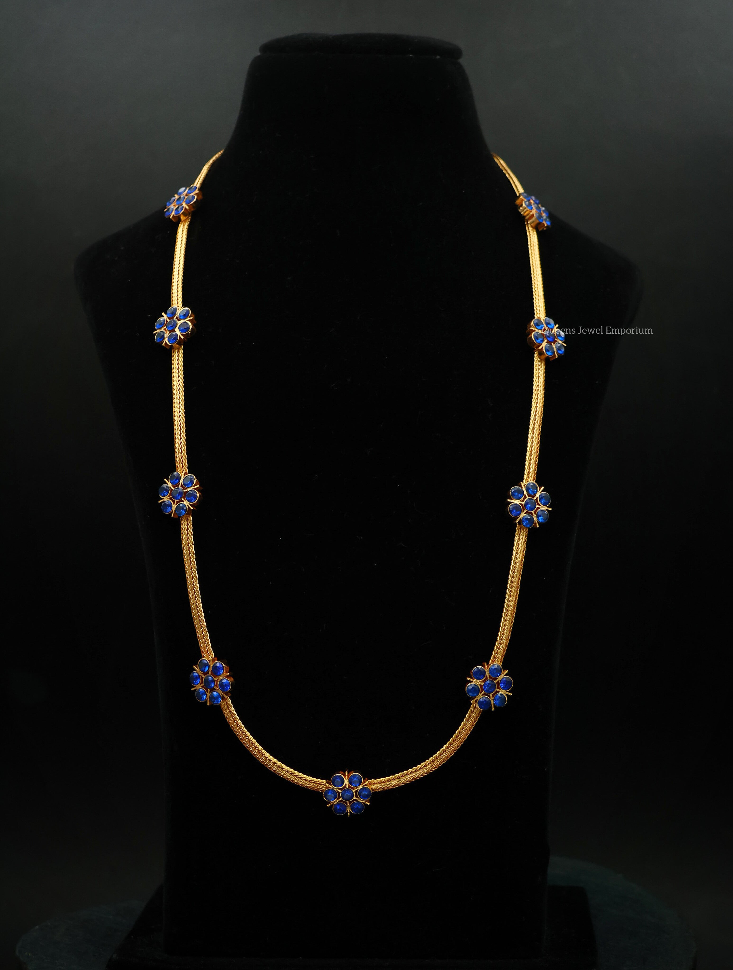 Traditional saree floral haram-Elegant blue cutting stone jewellery