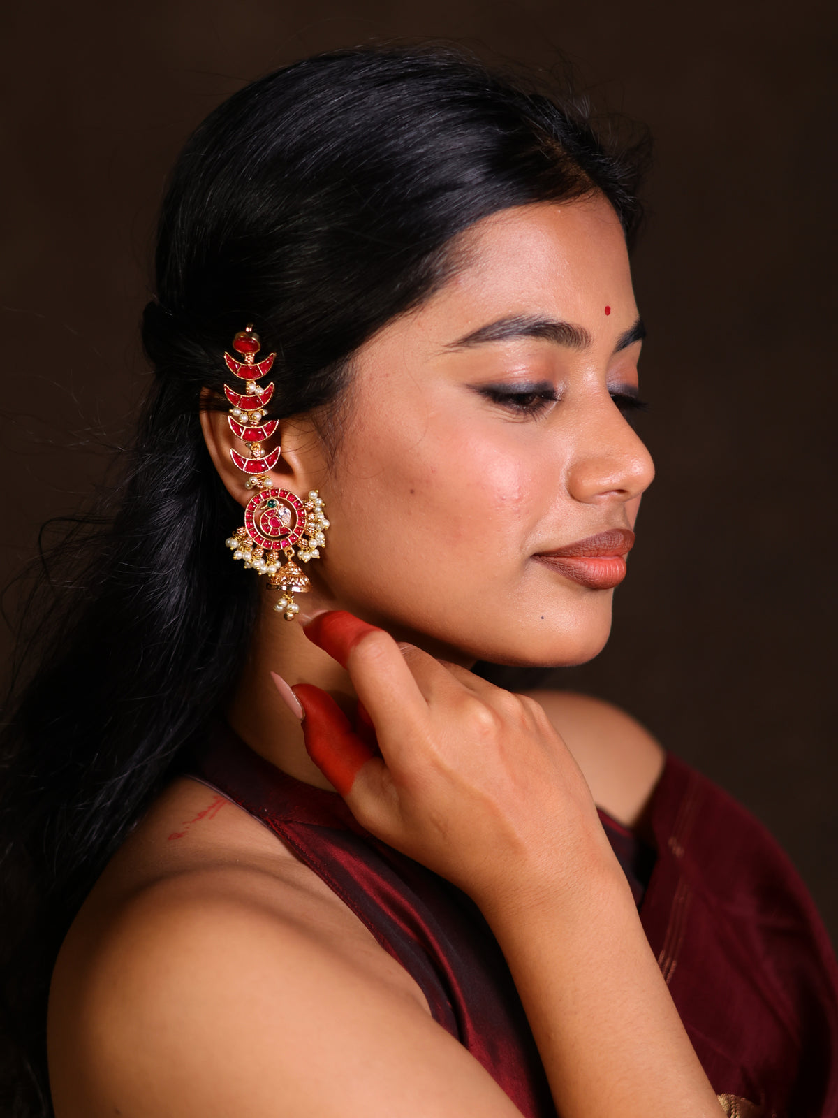 Red kemp moon motif ear set-Annam motif ear set 