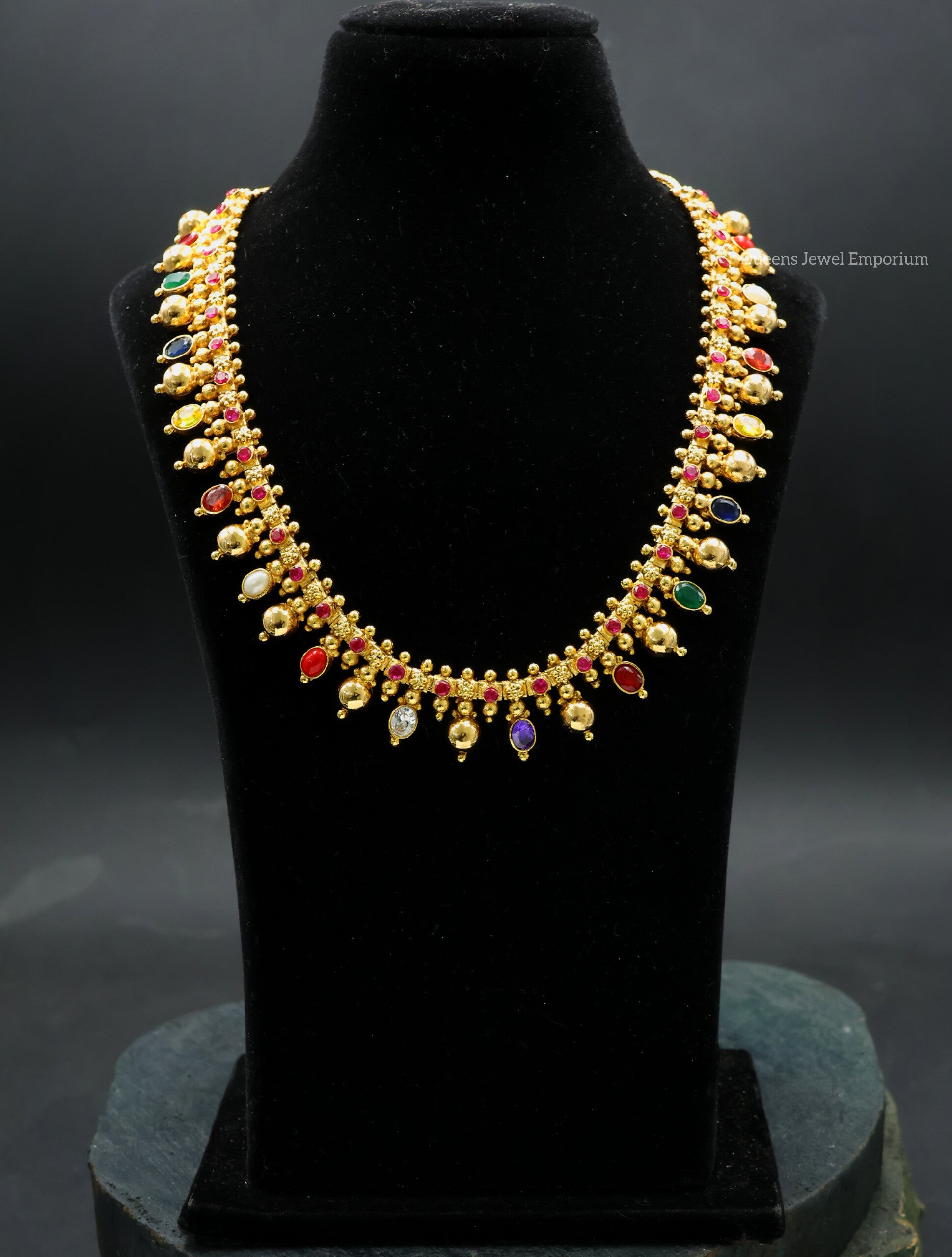 Mid length haram for sarees-Navaratna stones haram for traditional outfits