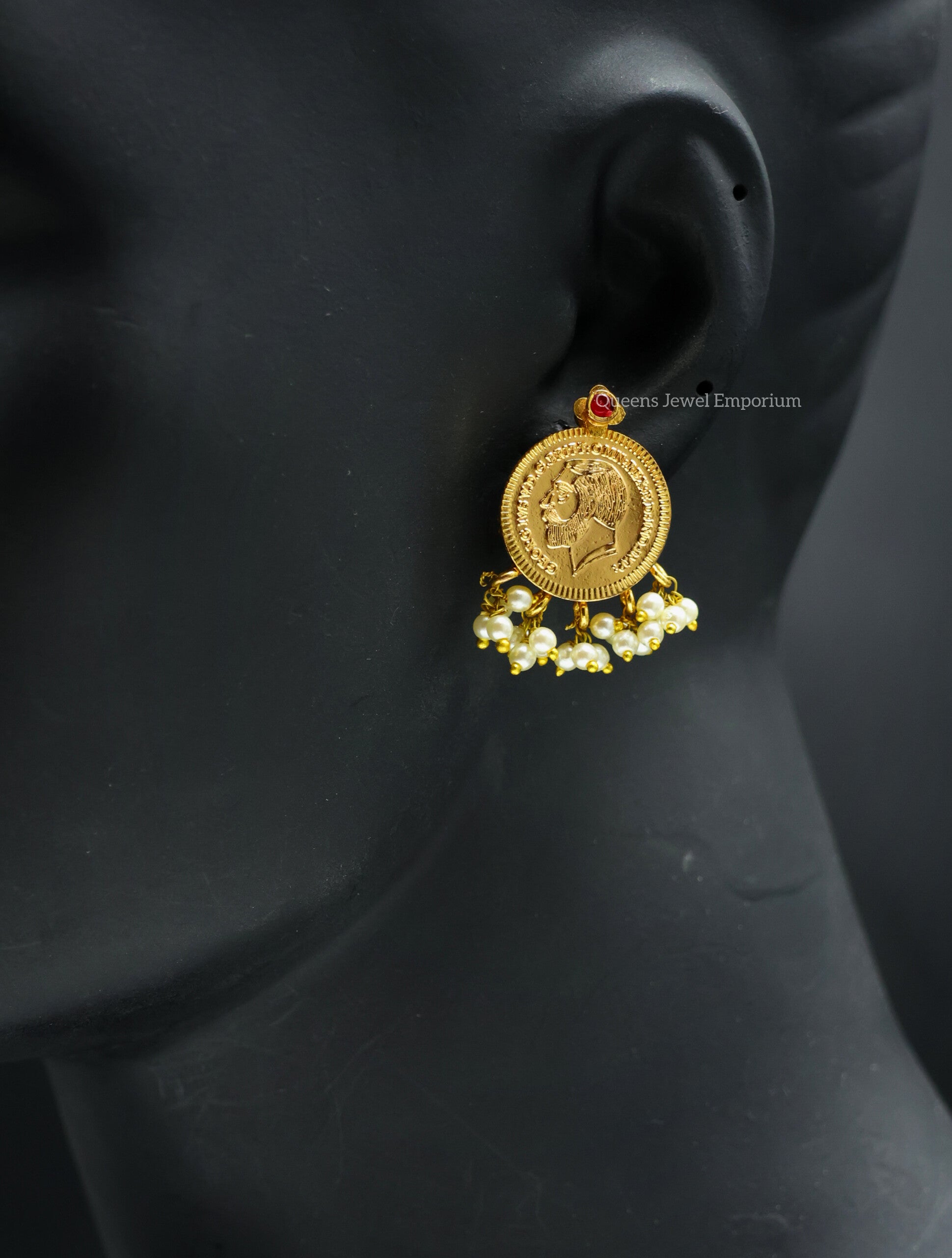 Nagas king coin stud-Vintage gold plated stud with pearls