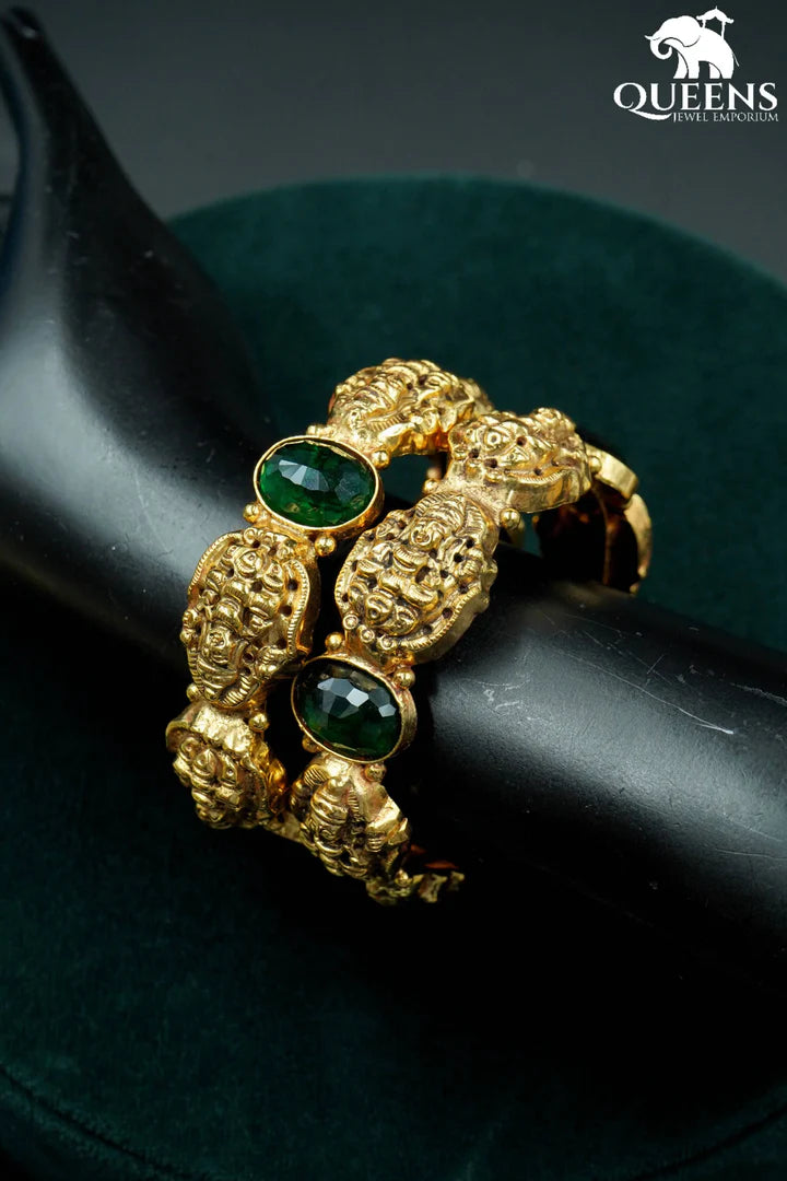 Lakshmi design bangle set-Green stone bangle set