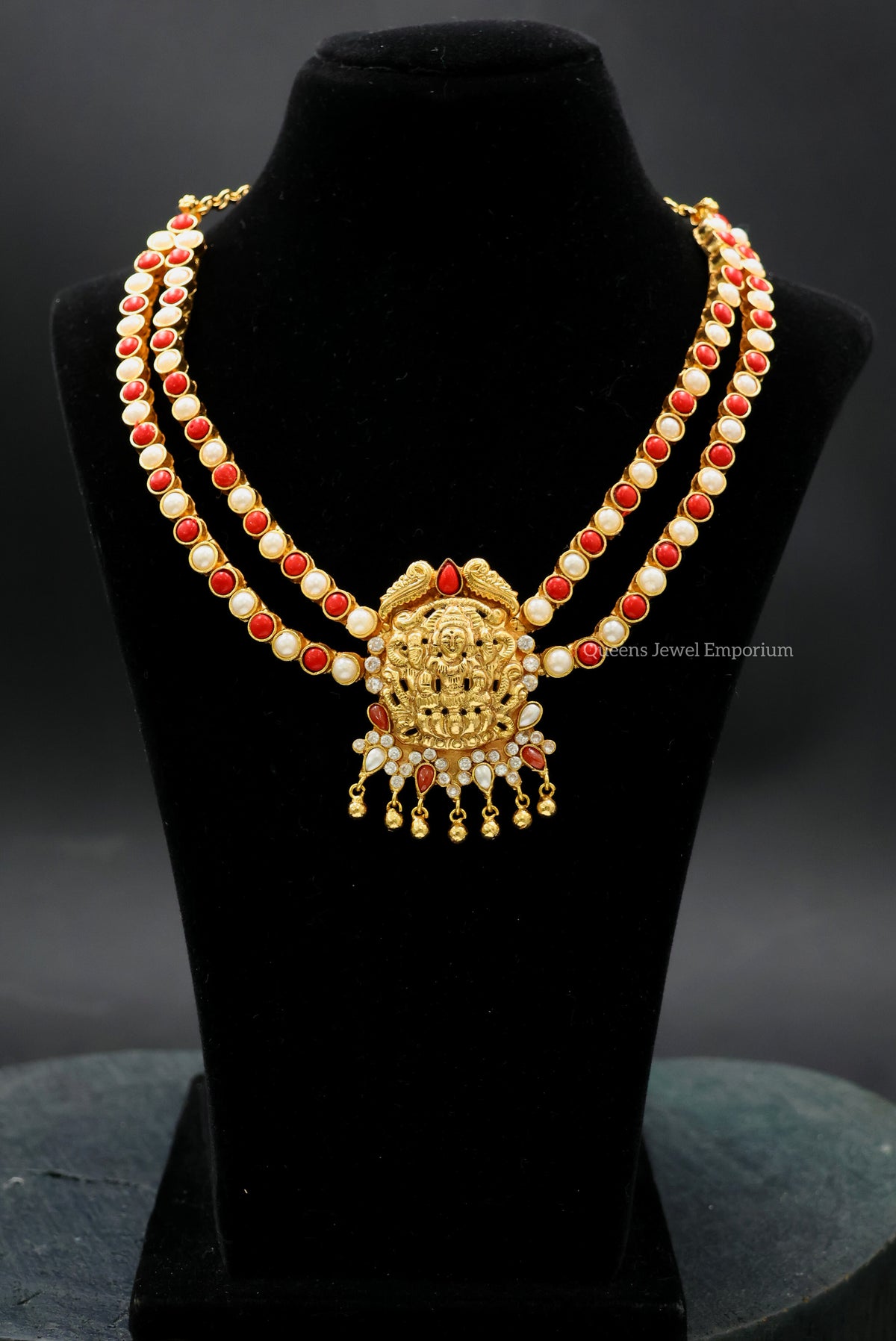 Gold plated necklace with coral stones-Traditional necklace with pearl necklace