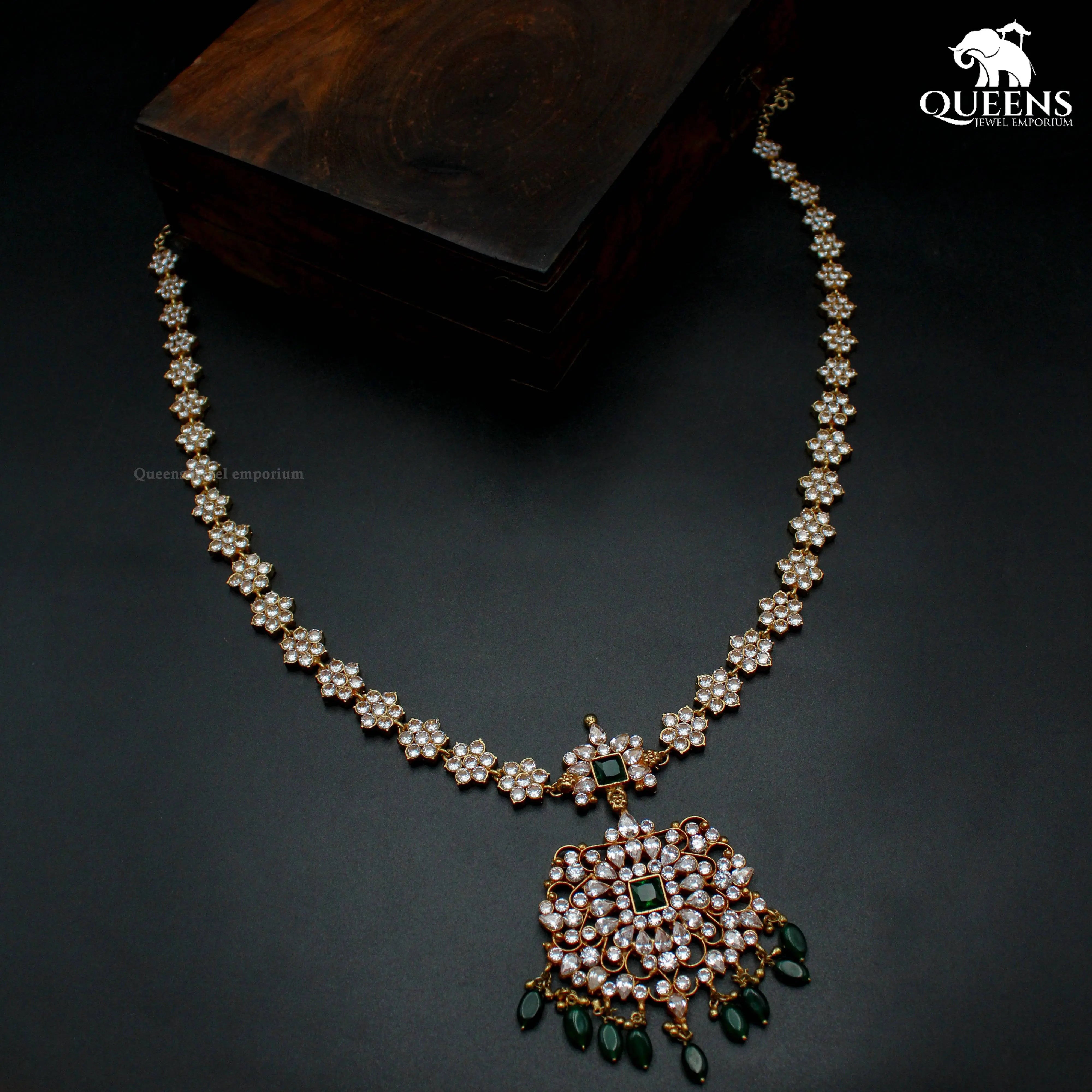 Elegant floral zircon haram-Green stone zircon pendant-Green beads hanging