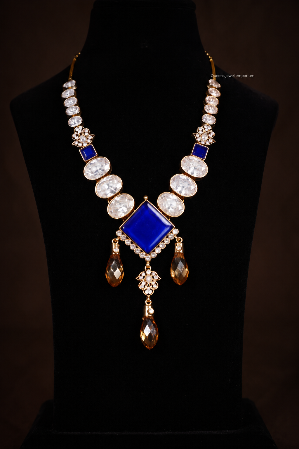 Oval white stone necklace-Designer jewellery with blue stones