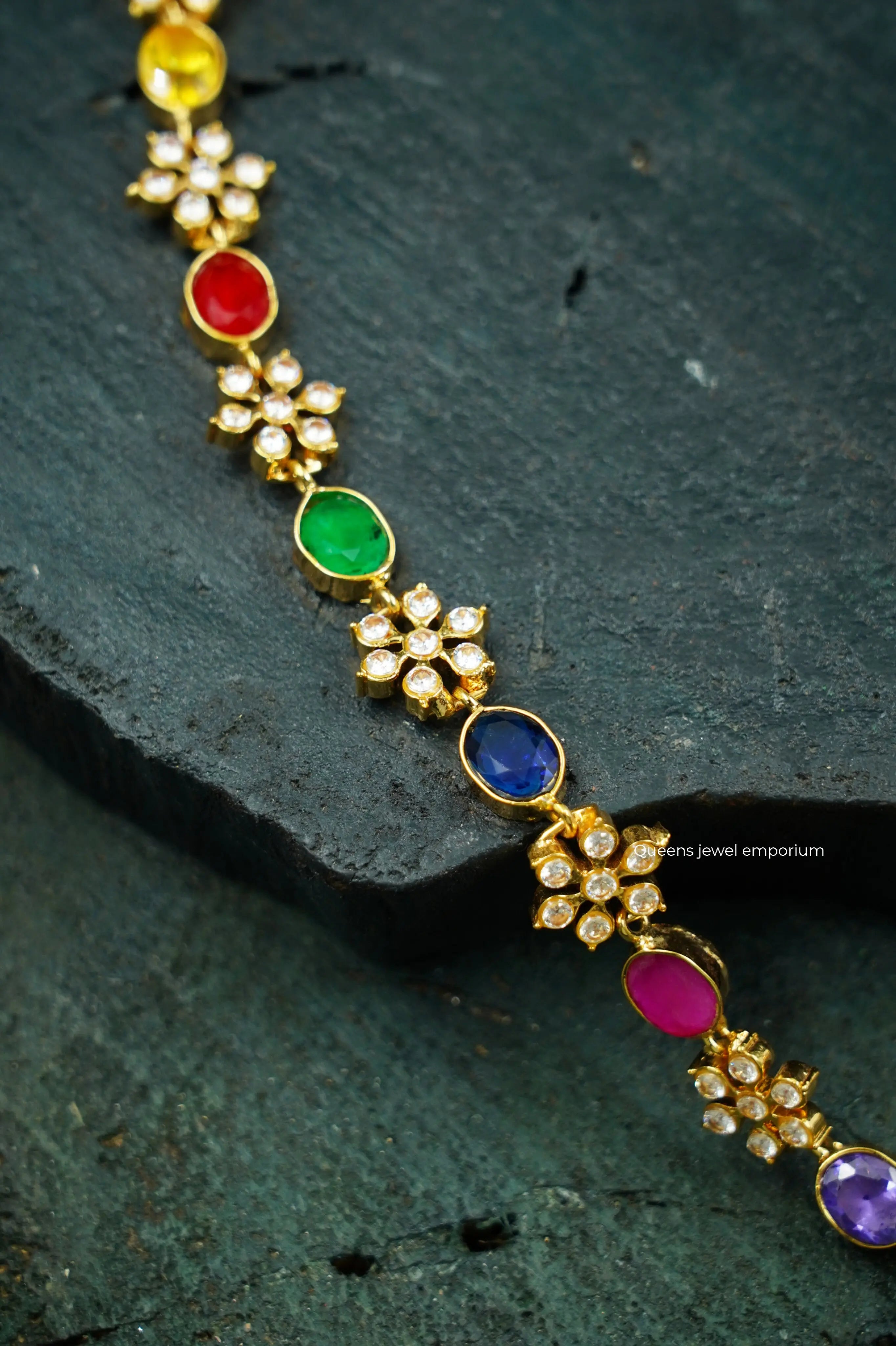 Gold plated jewellery with white stones-Oval blue stone haram