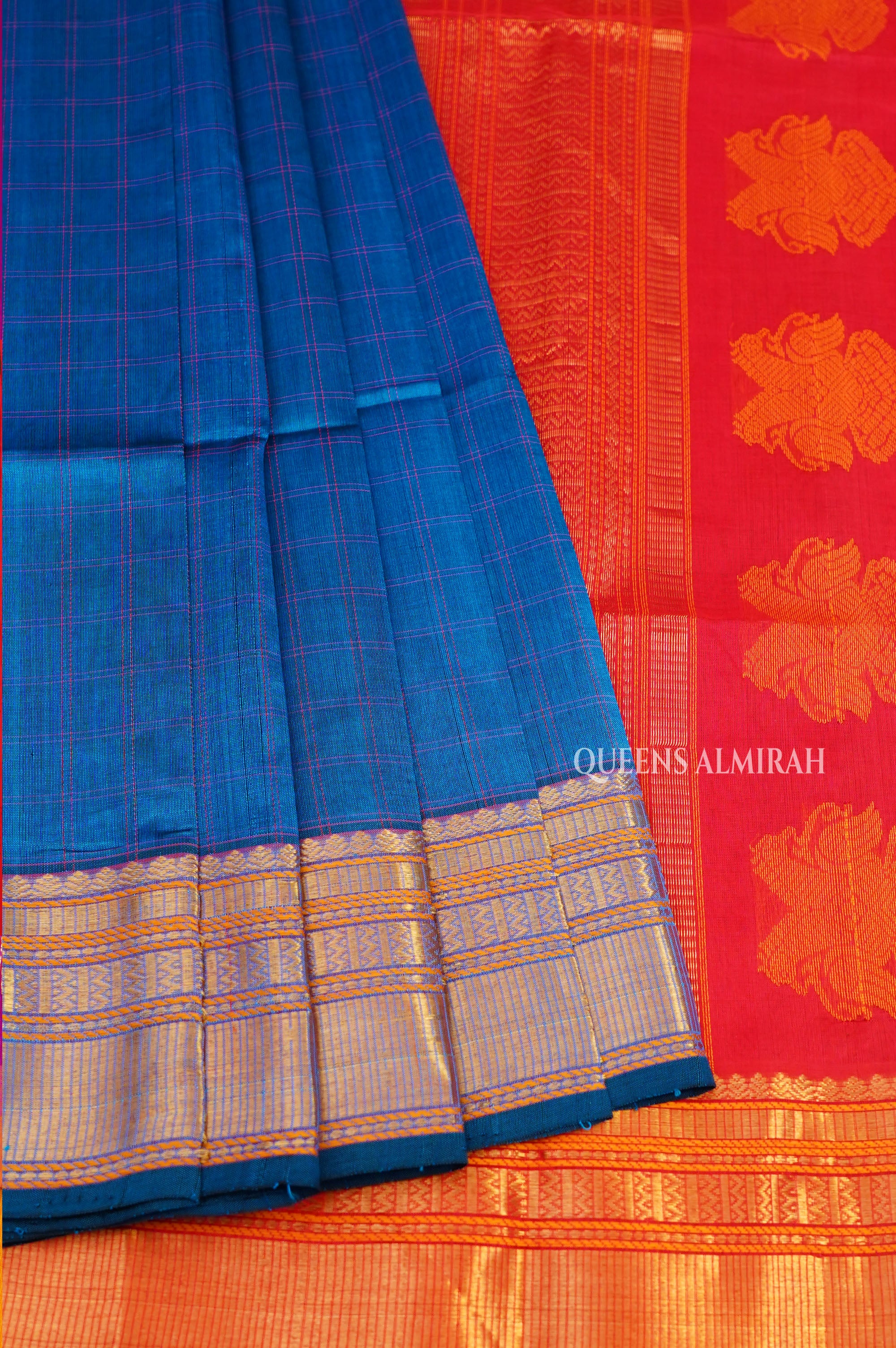 Blue With Red Pure Silk Cotton Saree
