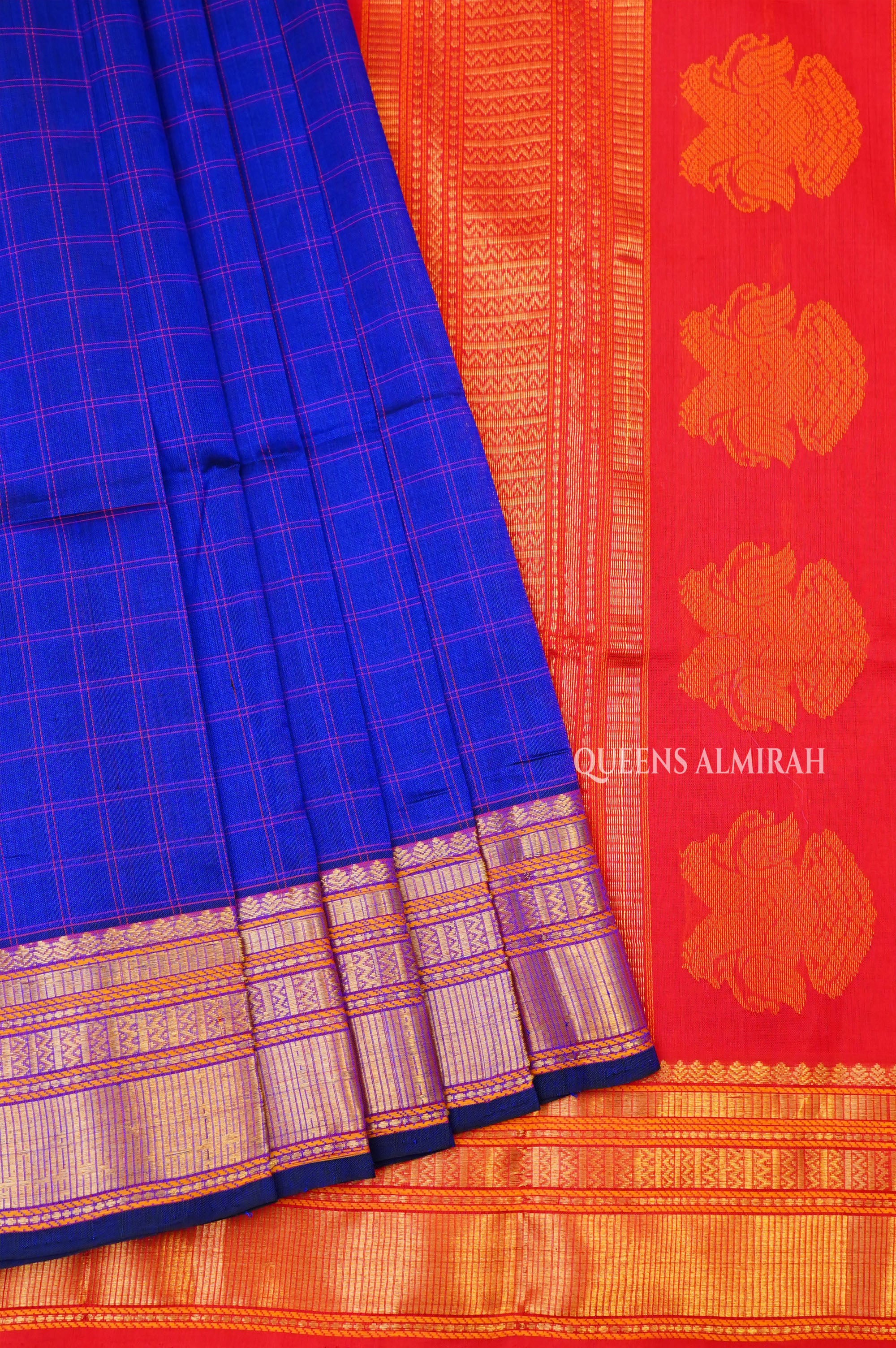 Ms Blue Kattam With Red Pure Silk Cotton Saree