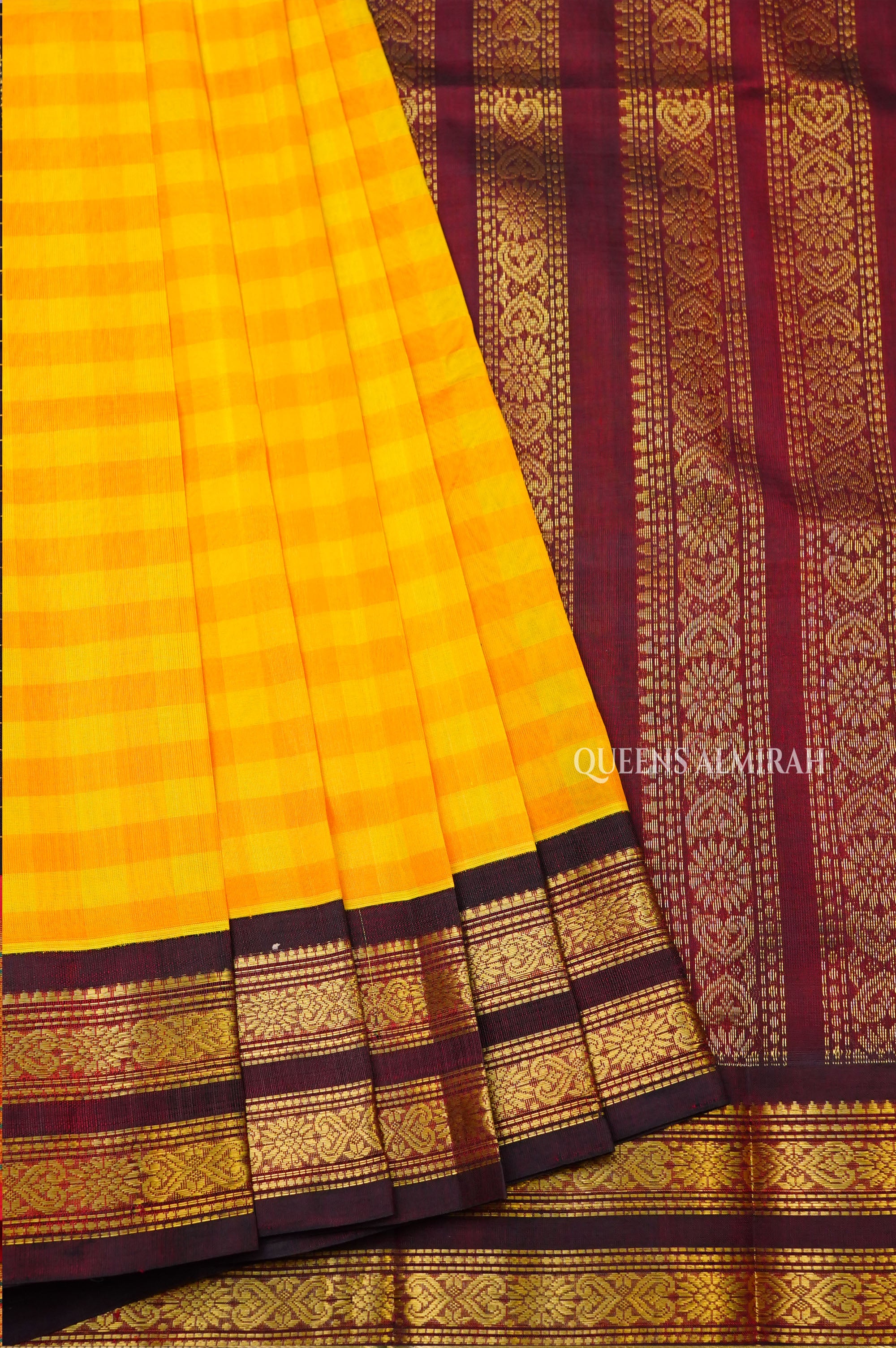 Yellow Kattam With Brown Border Pure Silk Cotton Saree
