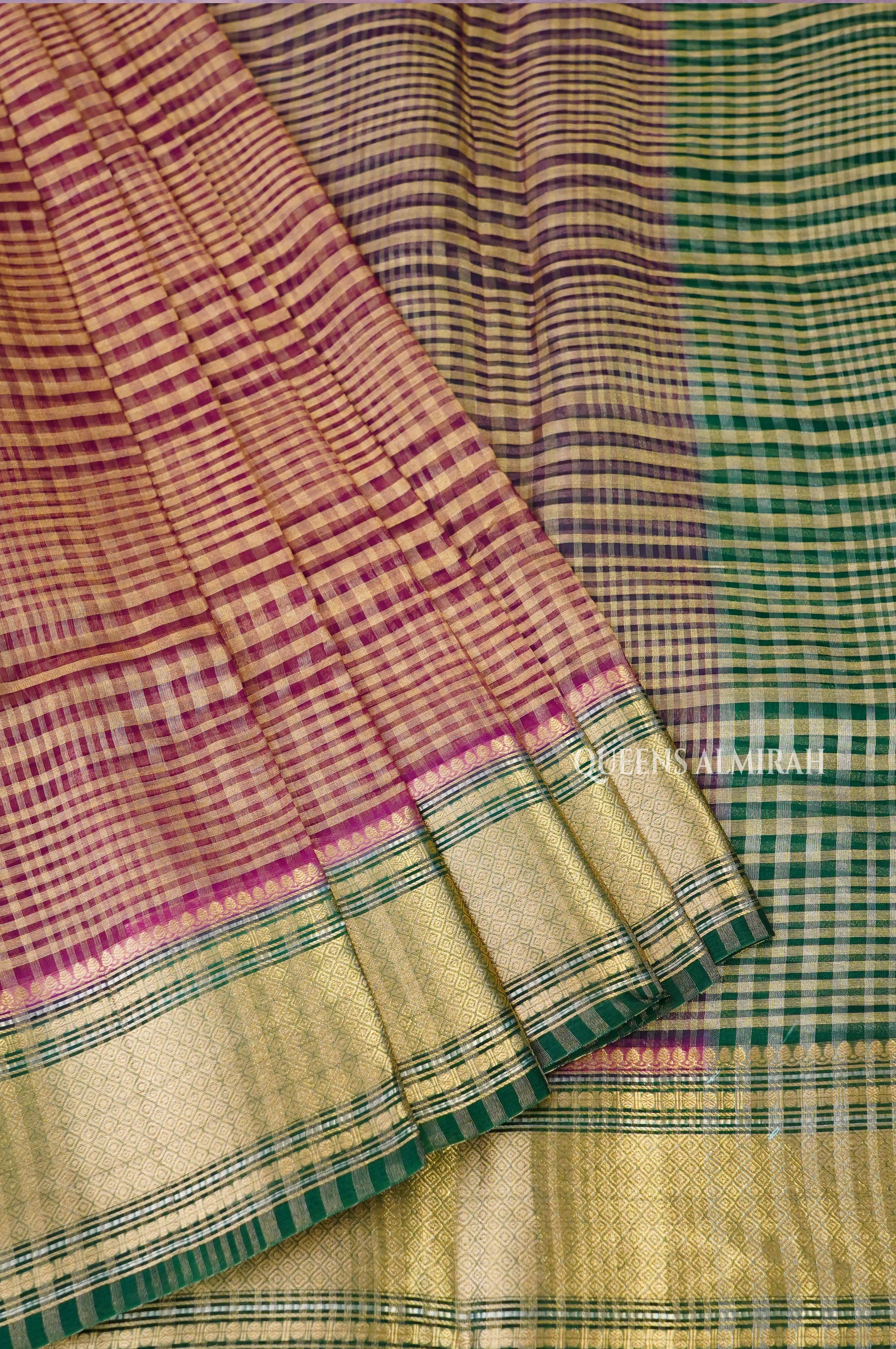 Brown Checks With Green Border Chanderi Katan Silk Handloom Saree