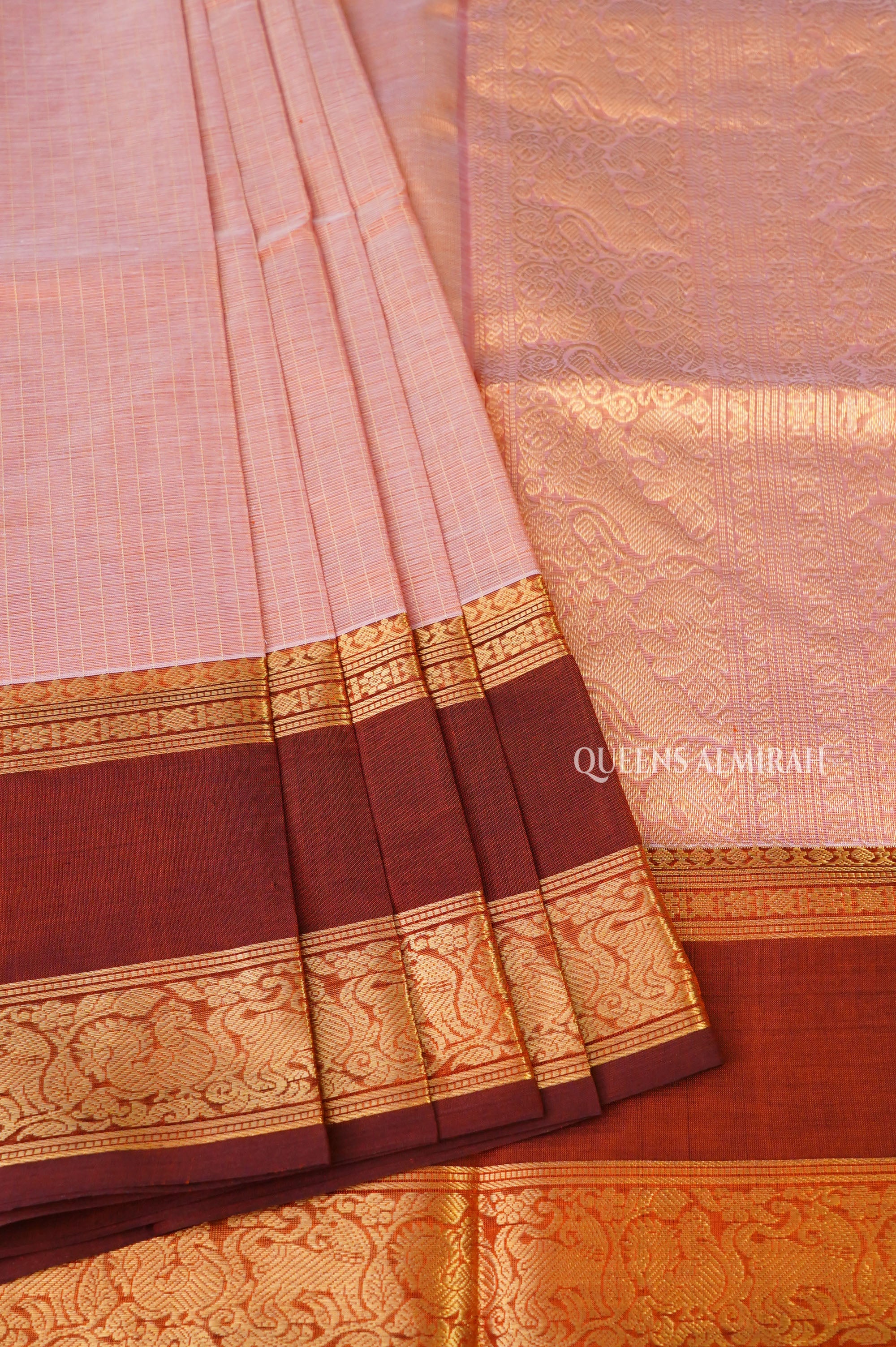 Coral Peach With Dark Honeycomb Payadi Chettinad Silk Cotton Saree