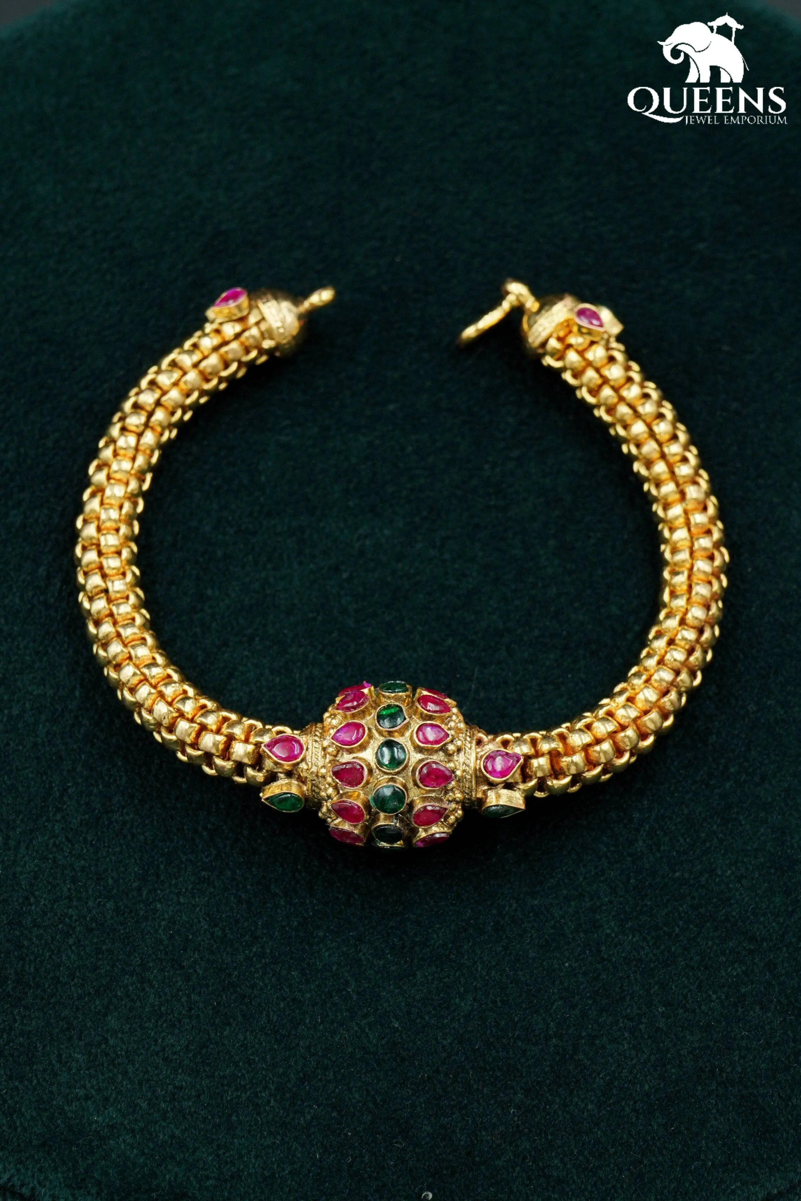 Green kemp stone kada-Bridal wear gold plated nagas kada