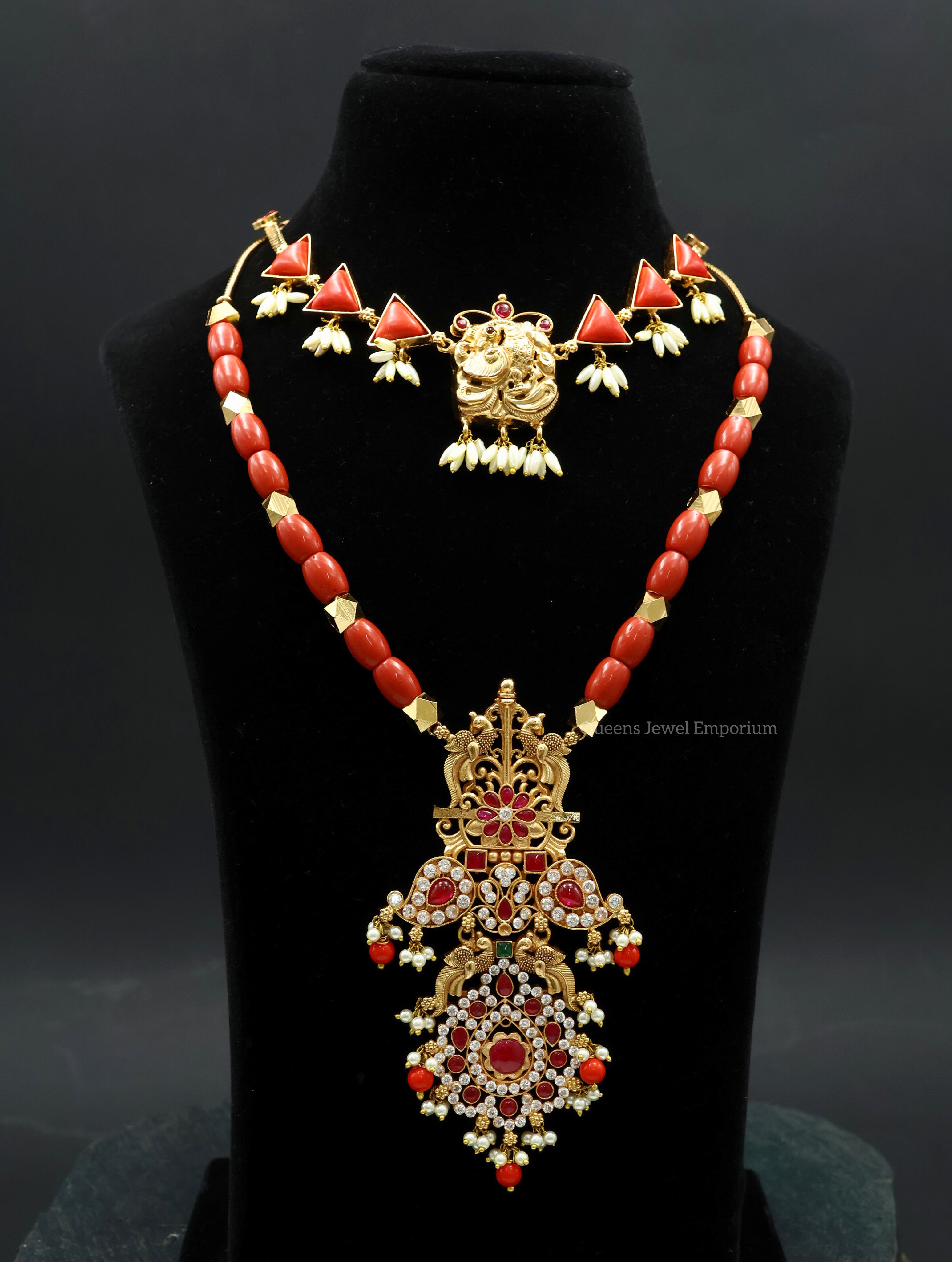 Coral necklace and haram set-Jewellery sets with coral stone and beads