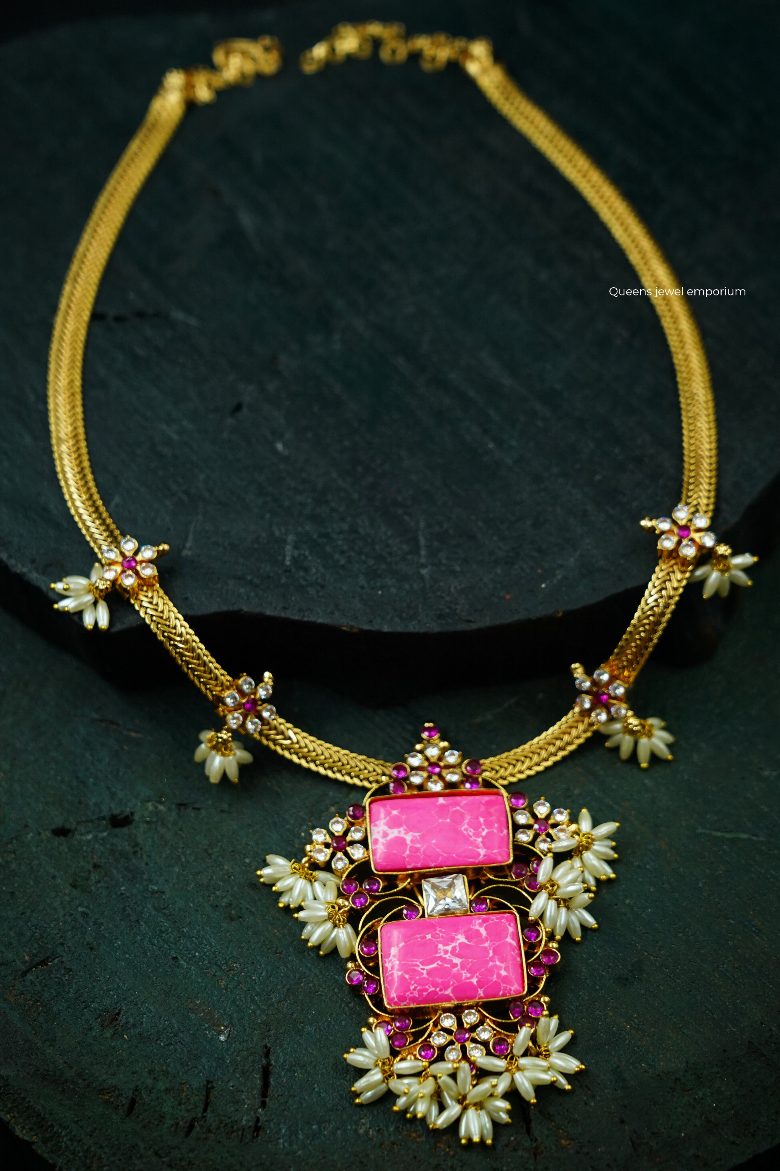 Pink stone pearl pendant-White zircon floral pendant