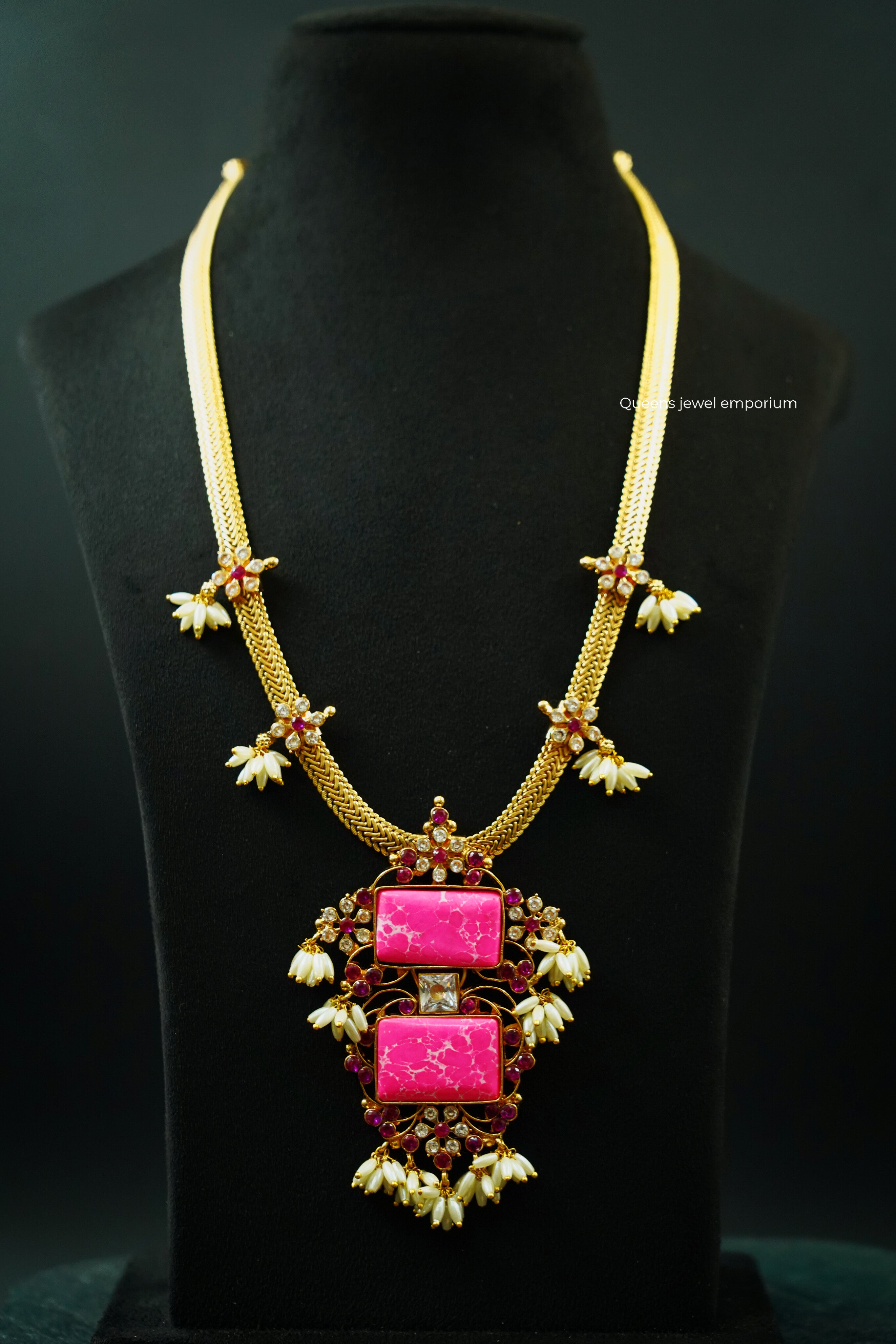 Pattai chain floral detailing-PInk stone necklace for lehenga