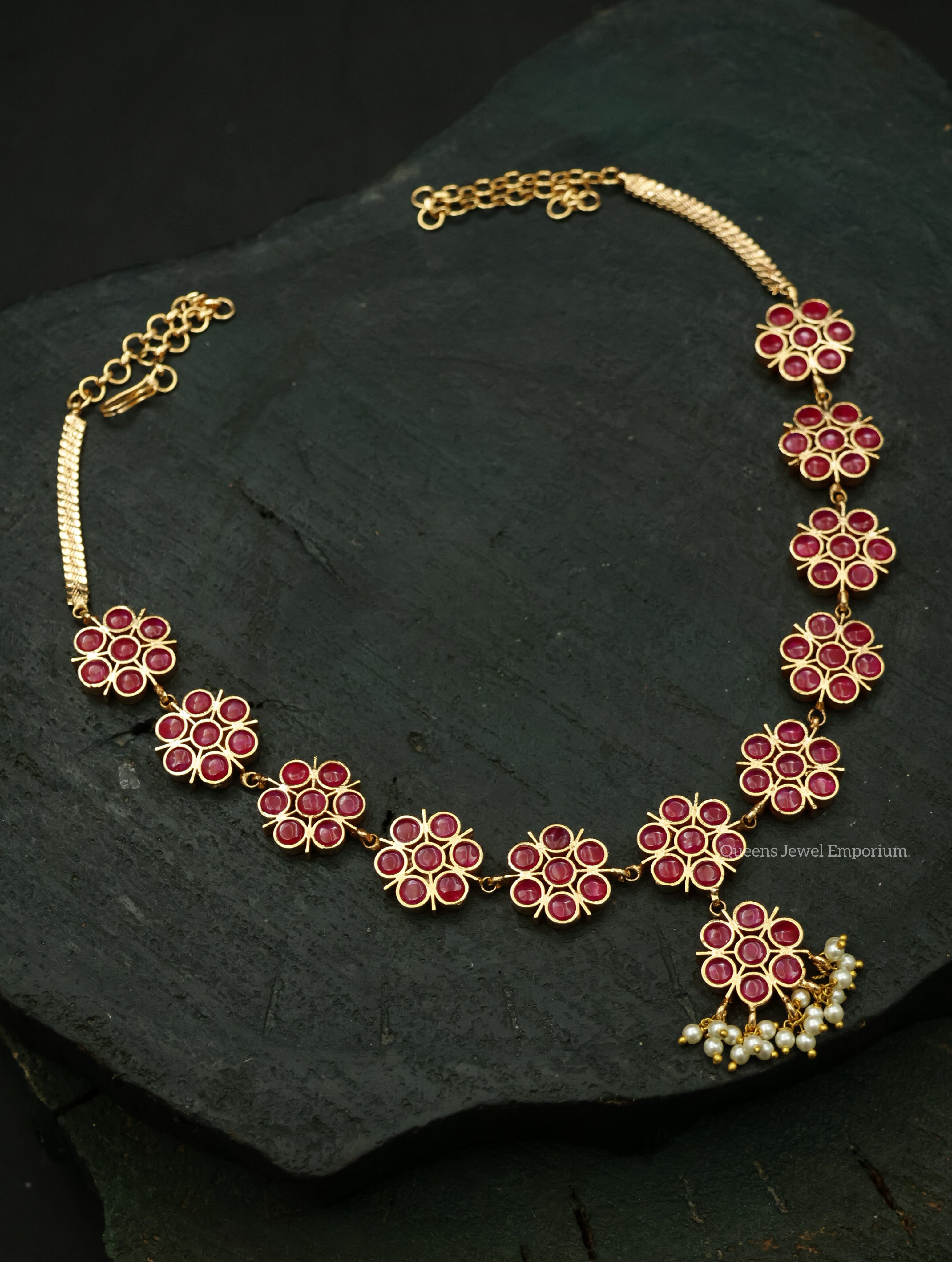Red kemp stone jewellery-Necklace for half sarees