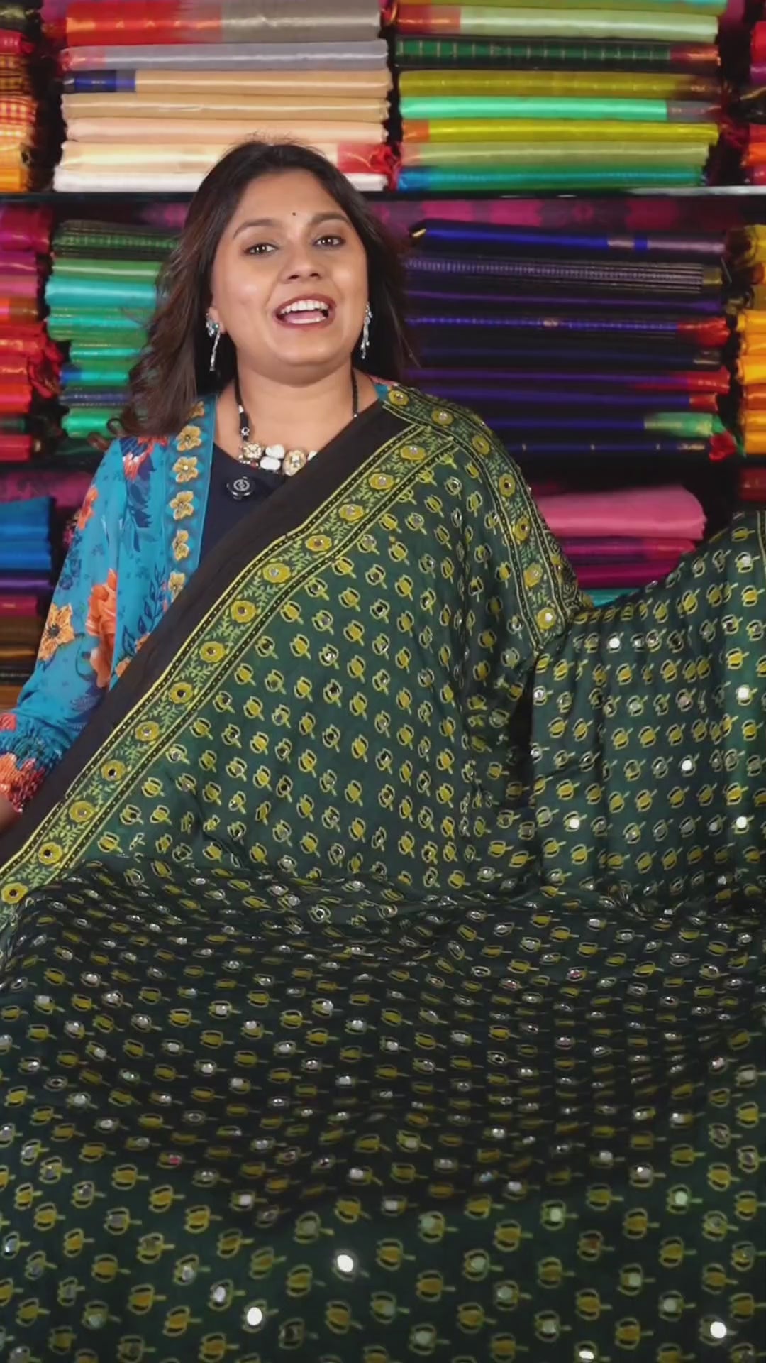 Green Lotus Motif Mirror Work Ajrakh Modal Silk Saree