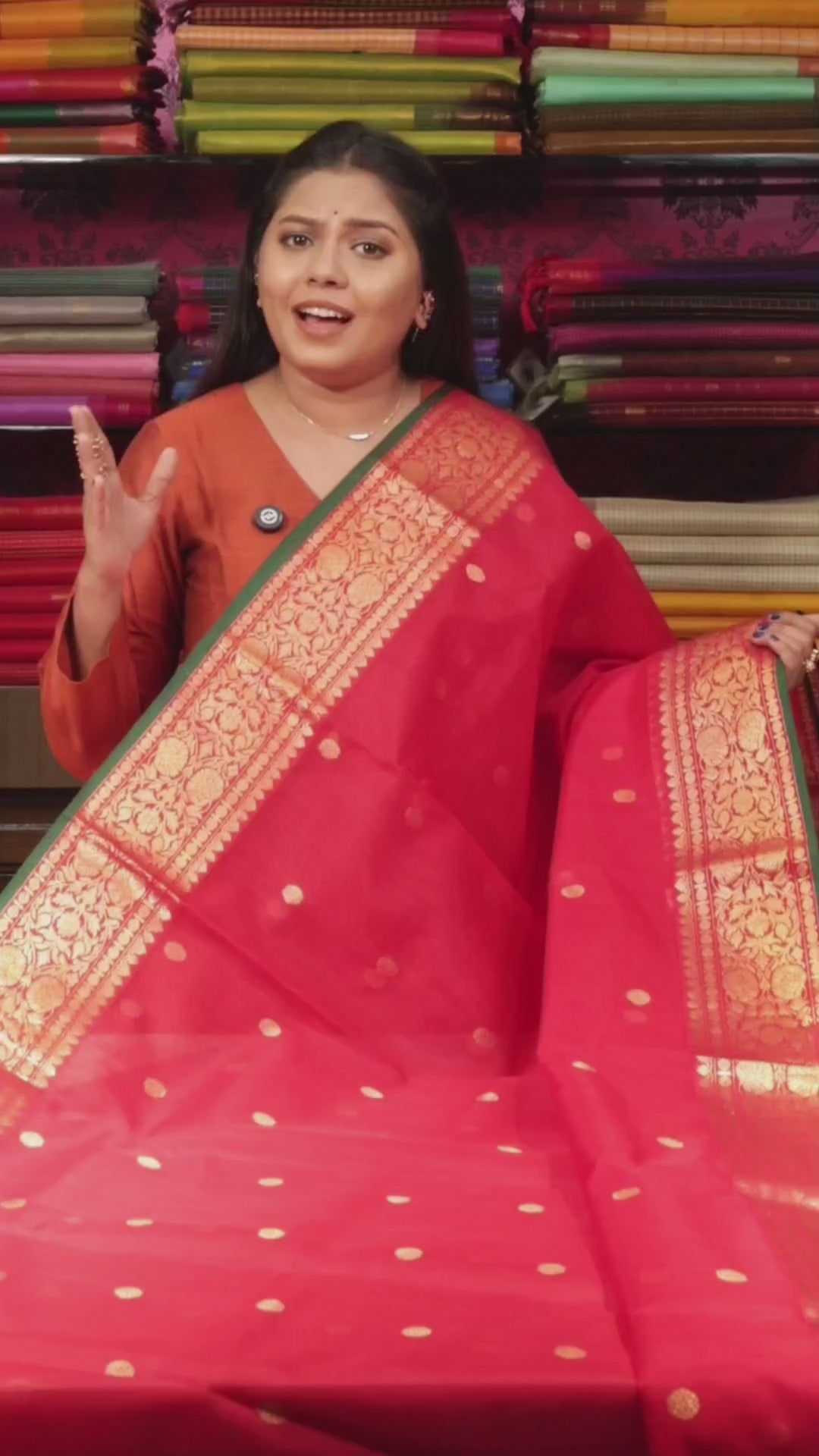 Red With Green Chanderi Katan Silk Handloom Saree