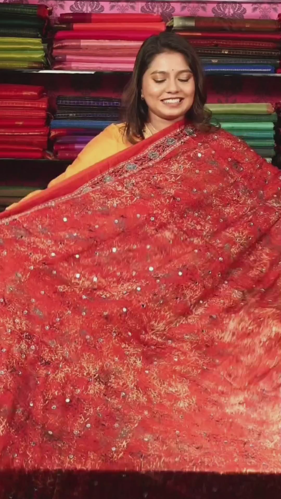 Red Mirror Work Ajrakh Modal Silk Saree