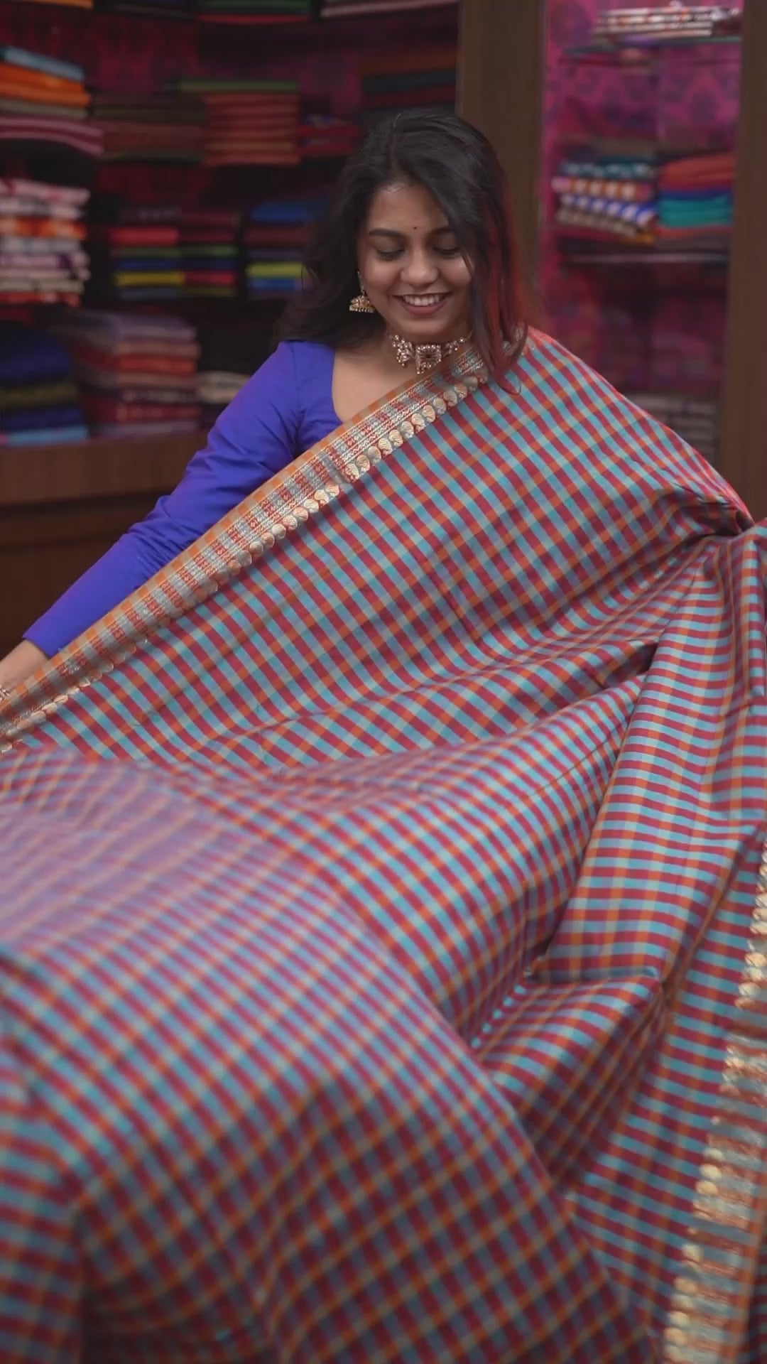 Blue With Maroon Checks Semi Silk Cotton Saree
