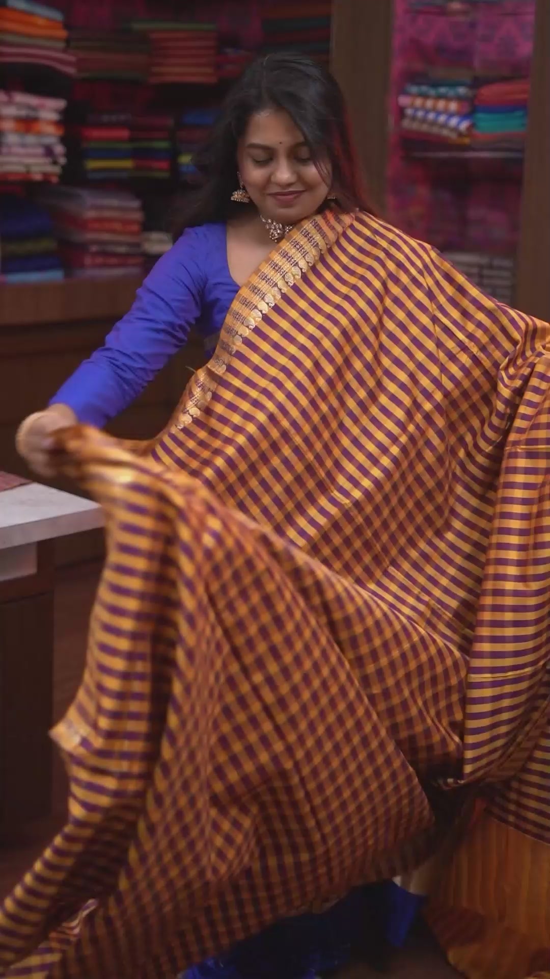 Purple With Yellow Checks Semi Silk Cotton Saree