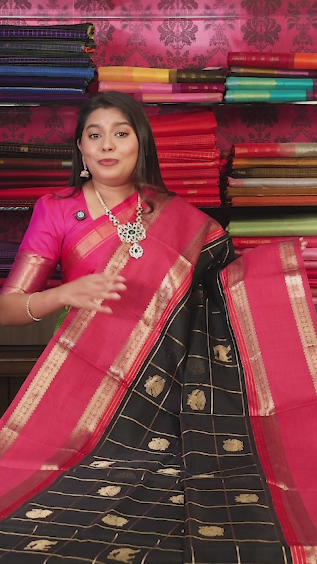 Black Kattam Butta With Rani Pink Chettinad Silk Cotton Saree