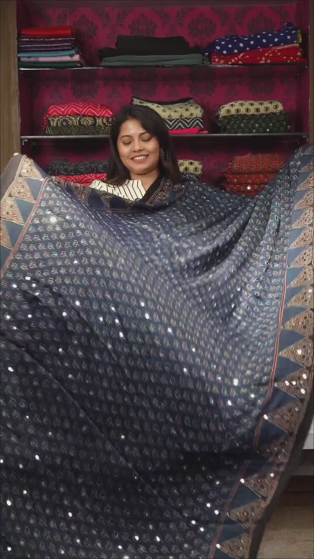 Blue Lotus Mirror Work Ajrakh Modal Silk Saree