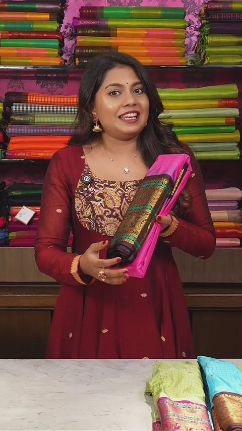 Light Pink With Dark Brown Semi Gadwal Silk Saree