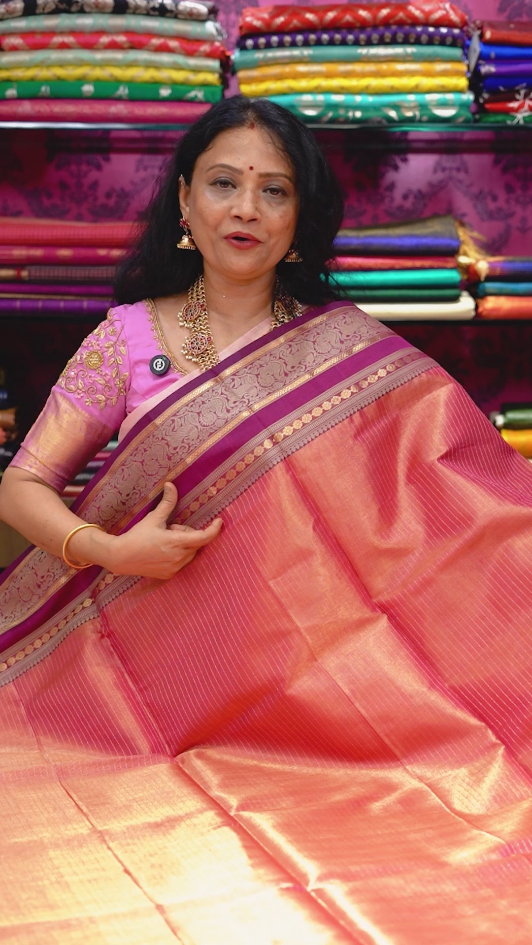 Golden Pink With Purple- Karaikudi Chettinad Tissue Silk Cotton Saree