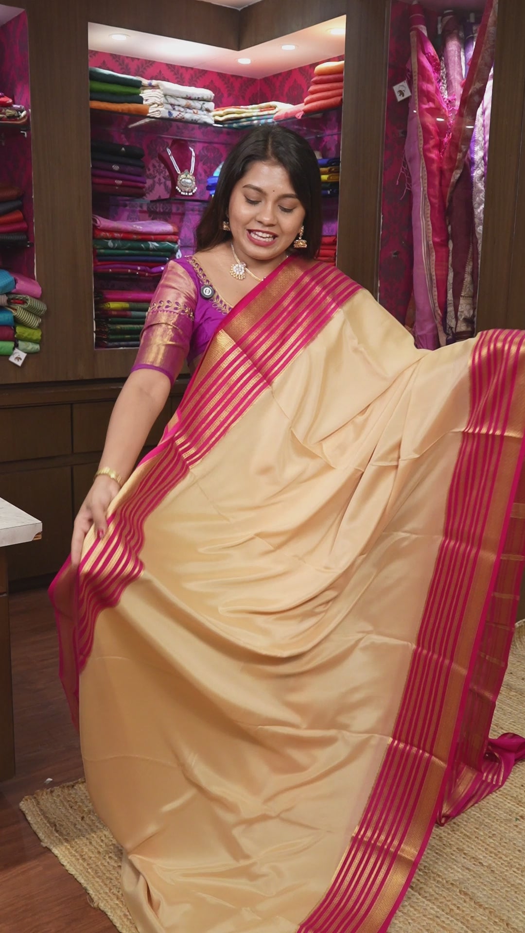Off White With Rani Pink Mysore Silk Saree