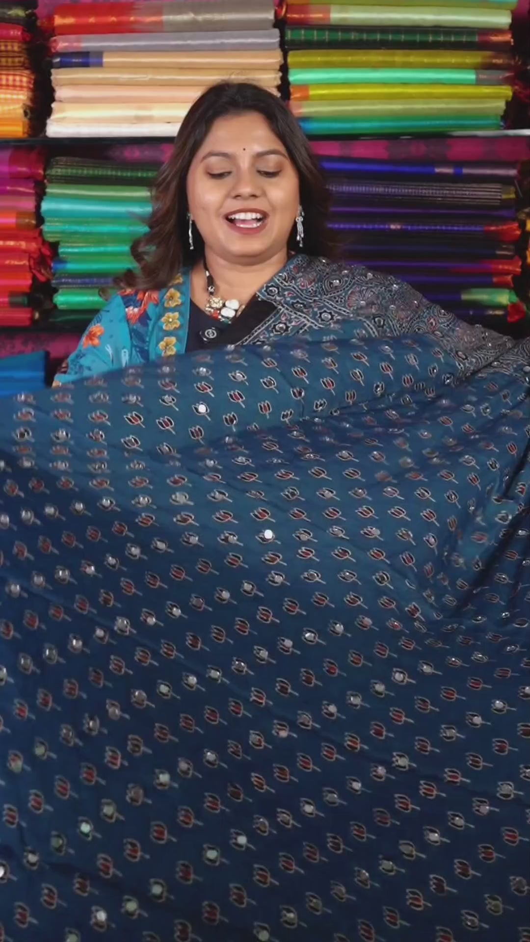 Blue Lotus Motif Mirror Work Ajrakh Modal Silk Saree
