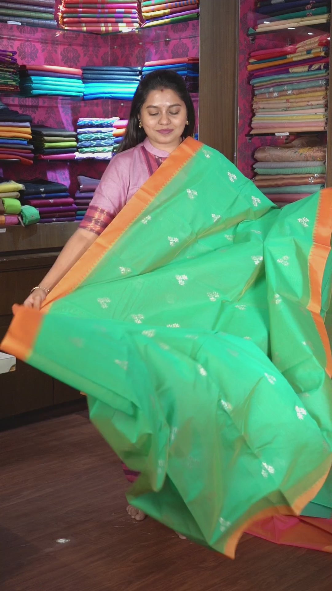 Green  With Orange Semi Silk Cotton Saree