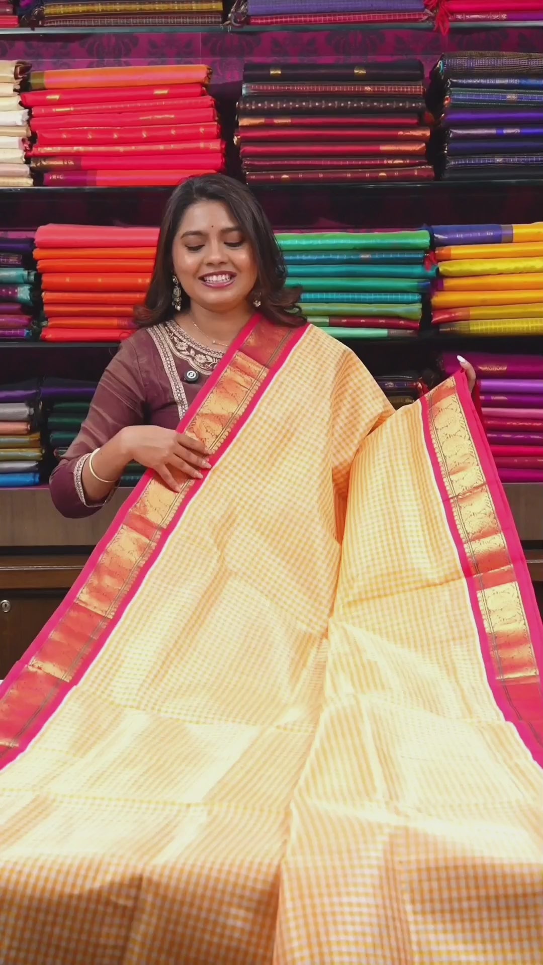 Yellow Checked With Pink Pure Silk Cotton Saree