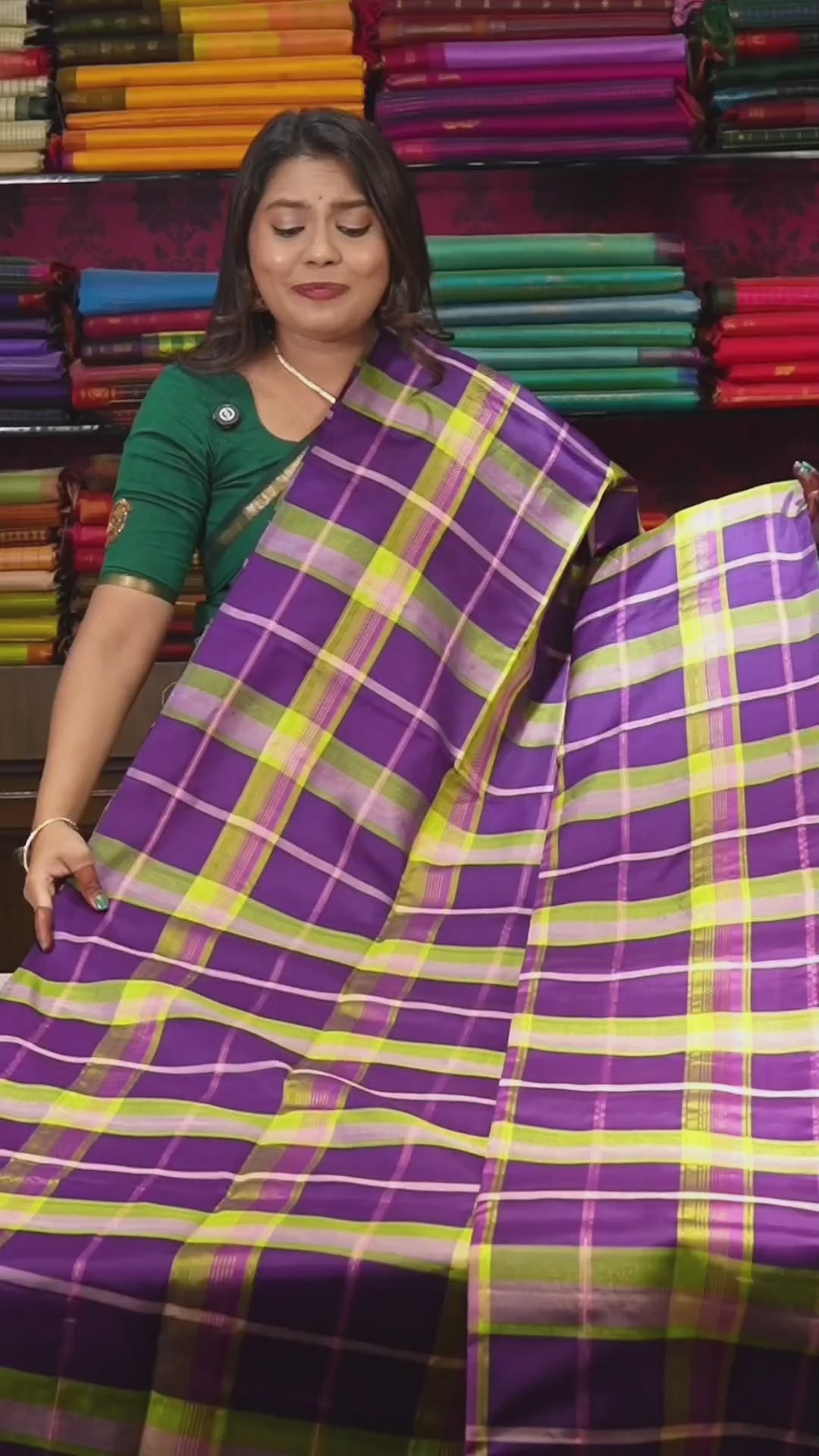 Purple With Green Burberry Checks Pure Soft Silk Saree