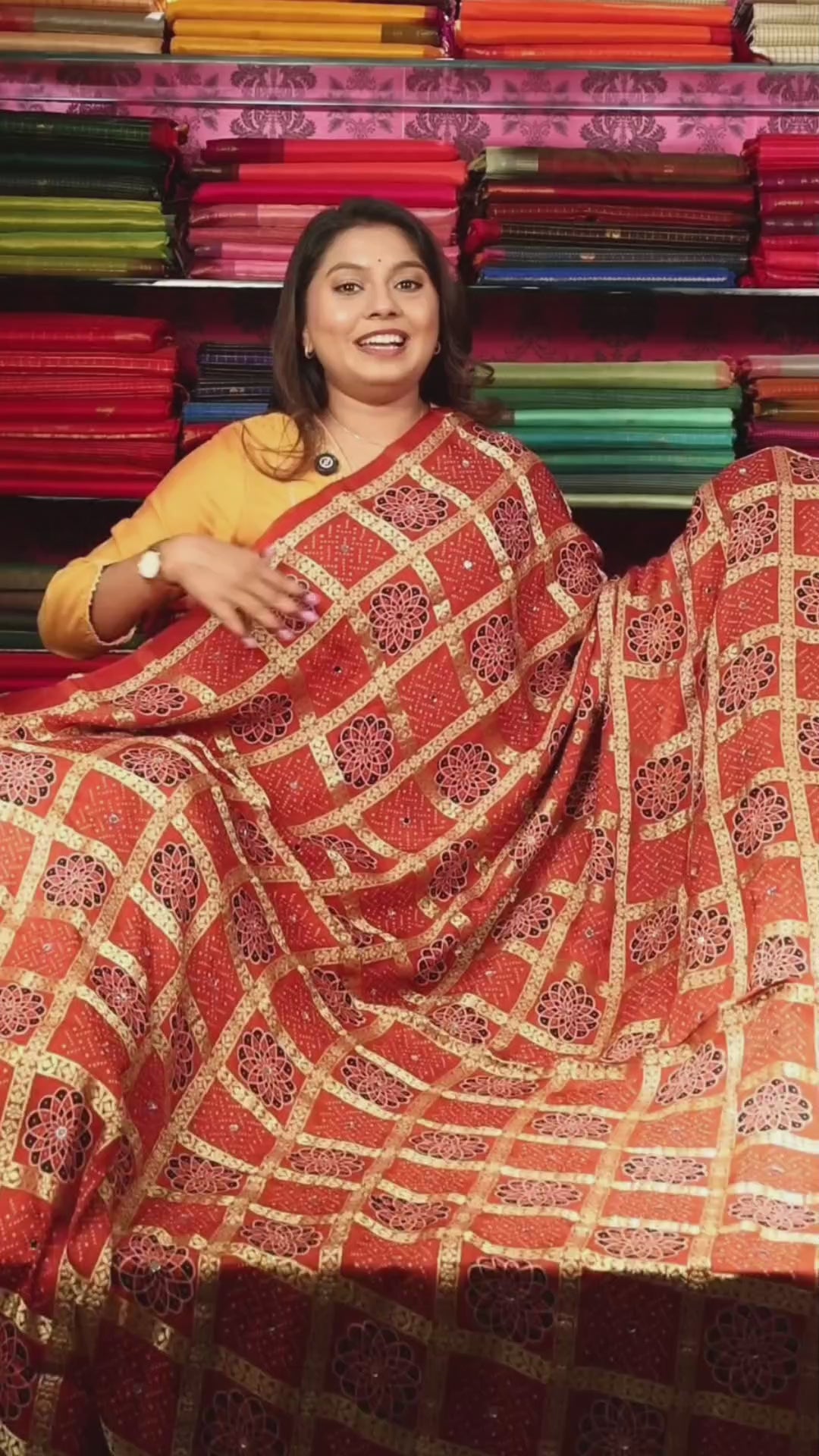 Red Checked Gharchola Mirror Work Ajrakh Modal Silk Saree