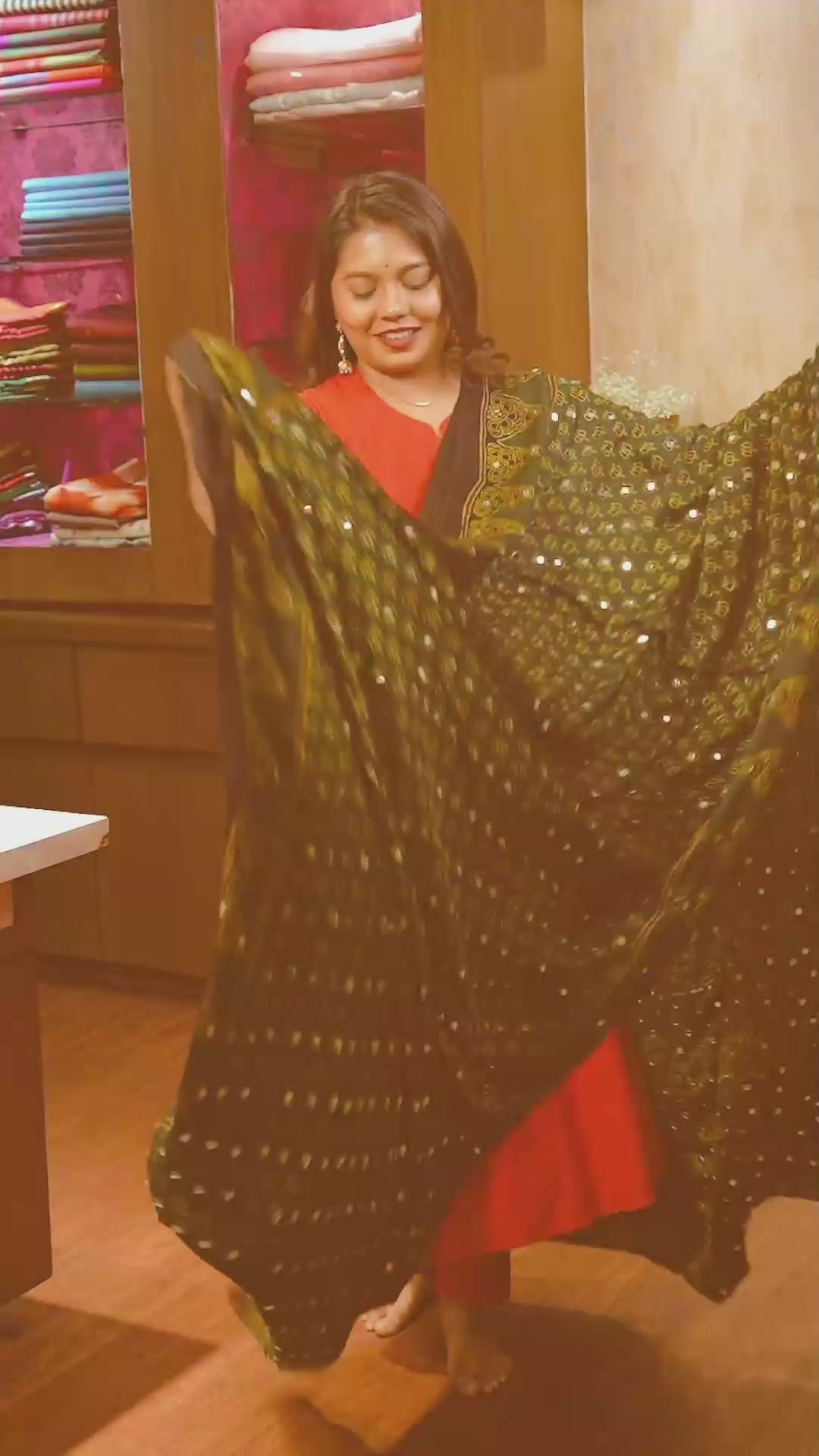 Green Lotus Mirror Work Ajrakh Modal Silk Saree