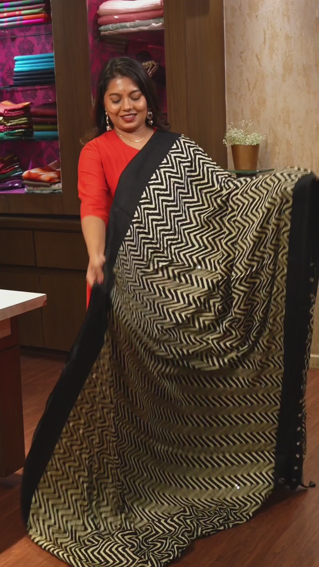 Black Mirror Work Ajrakh Modal Silk Saree