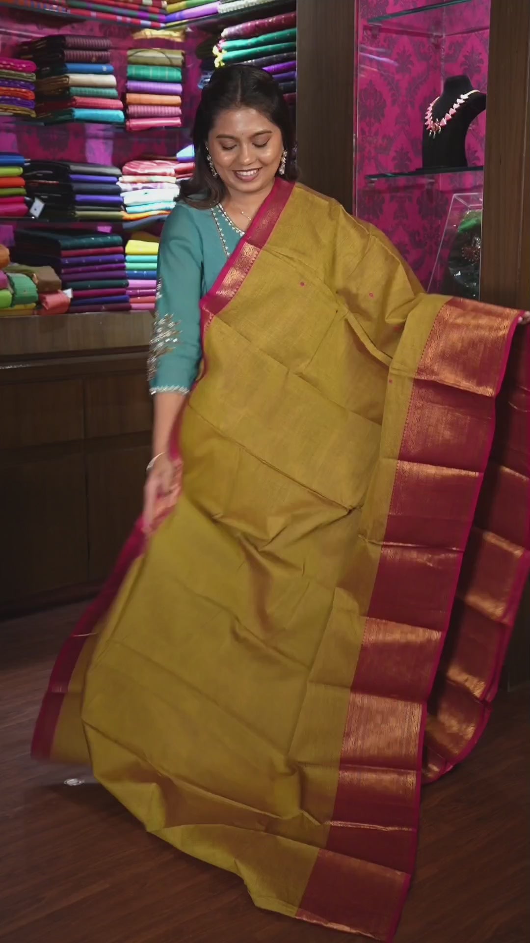 Mustard Yellow With Red Kanchi Cotton Saree