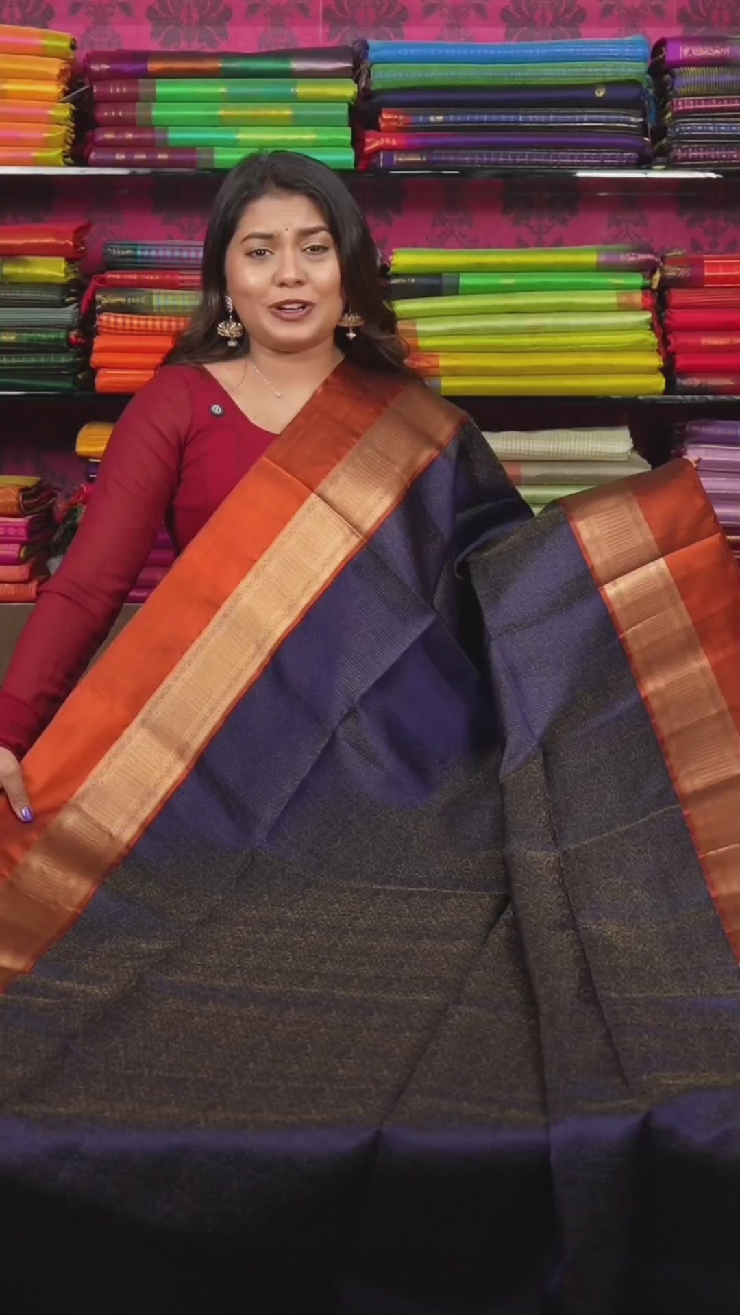 Navy Blue With Dark Orange Pure Soft Silk Saree